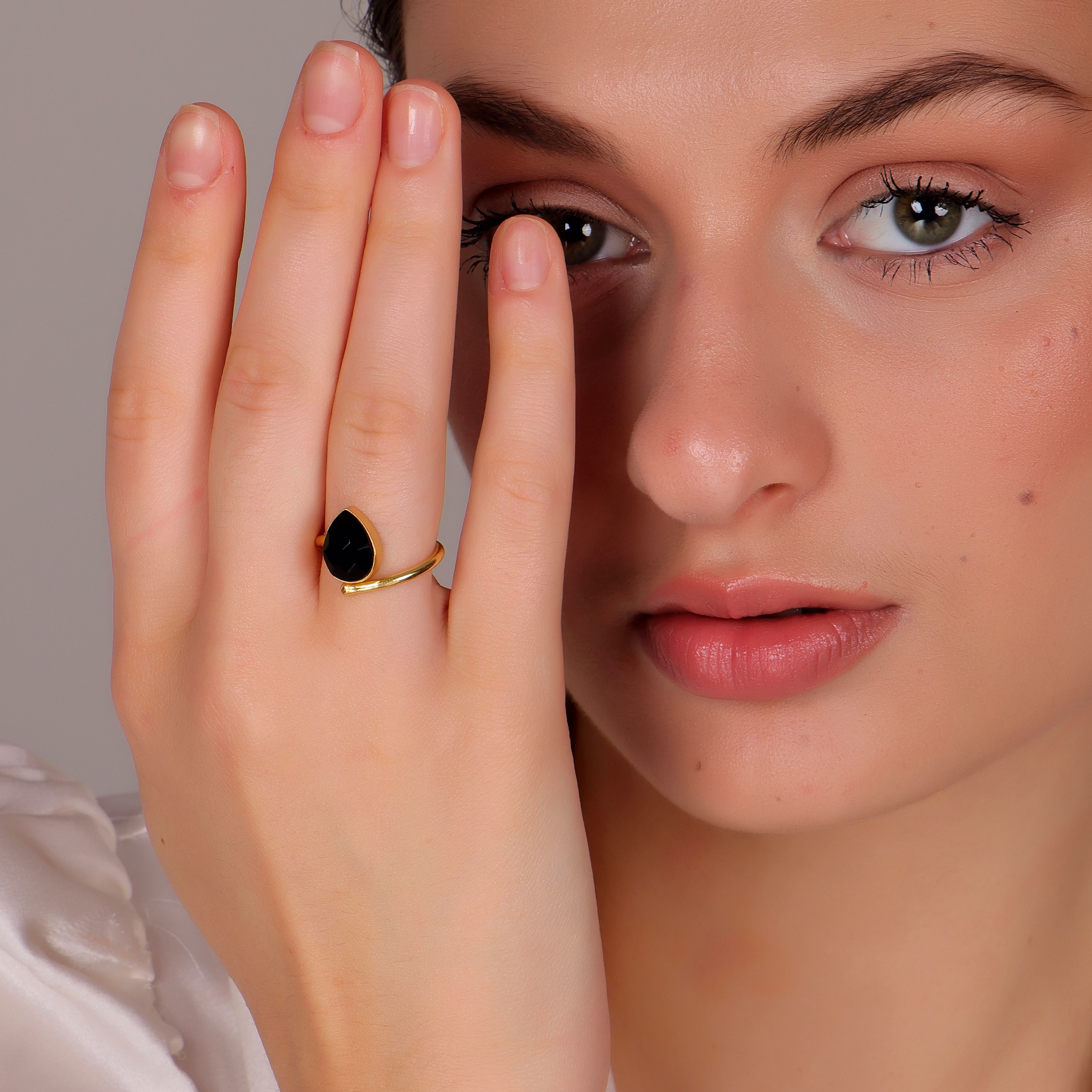 Dua Black Onyx Pear Ring – Statement Cocktail Ring, Gold-Plated Protective Jewelry image 5