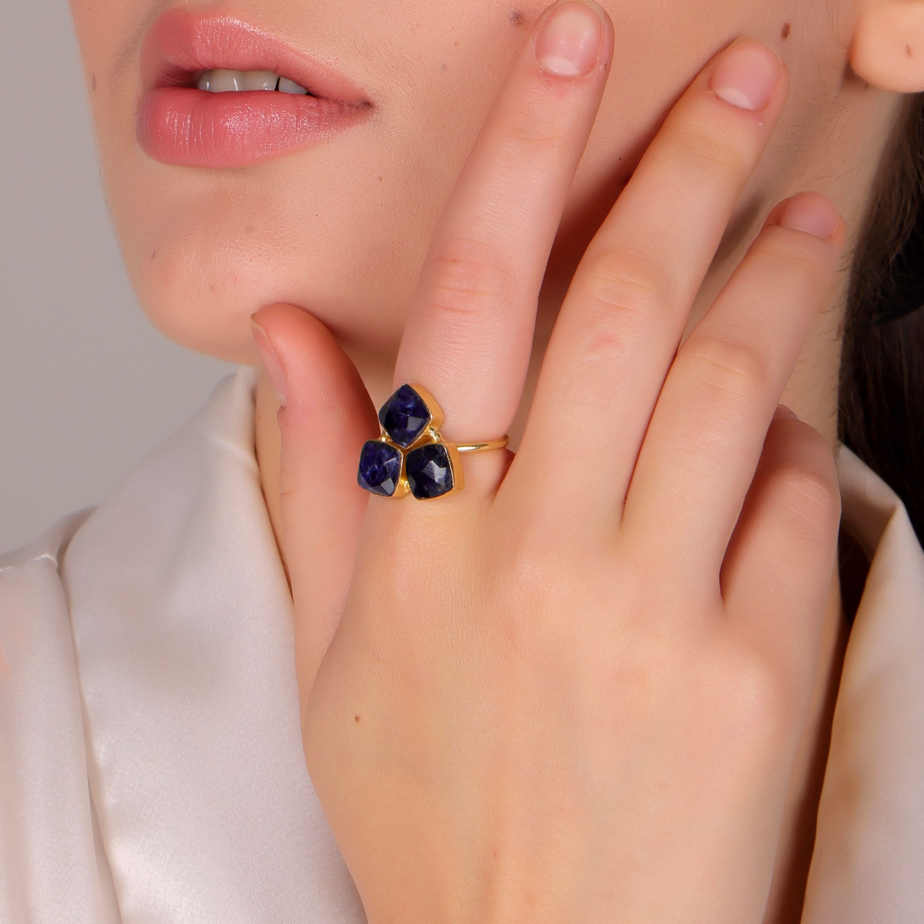 Dua Sodalite Triple Ring – Bold Blue Gemstone Adjustable Gold Statement Jewelry image 5