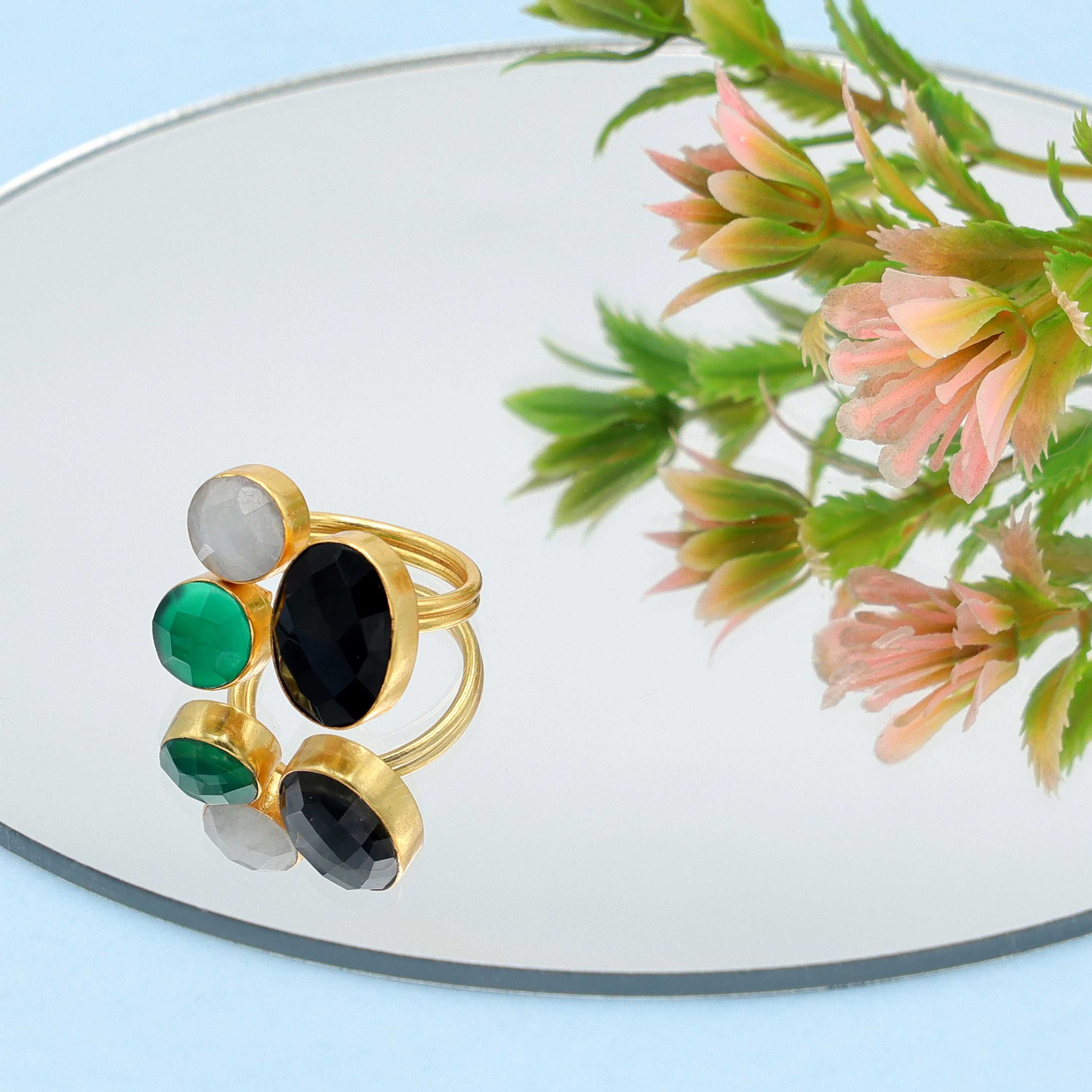 Dua Black Onyx & Rainbow Moonstone Ring – Handmade Multistone Spiritual Jewelry image 1