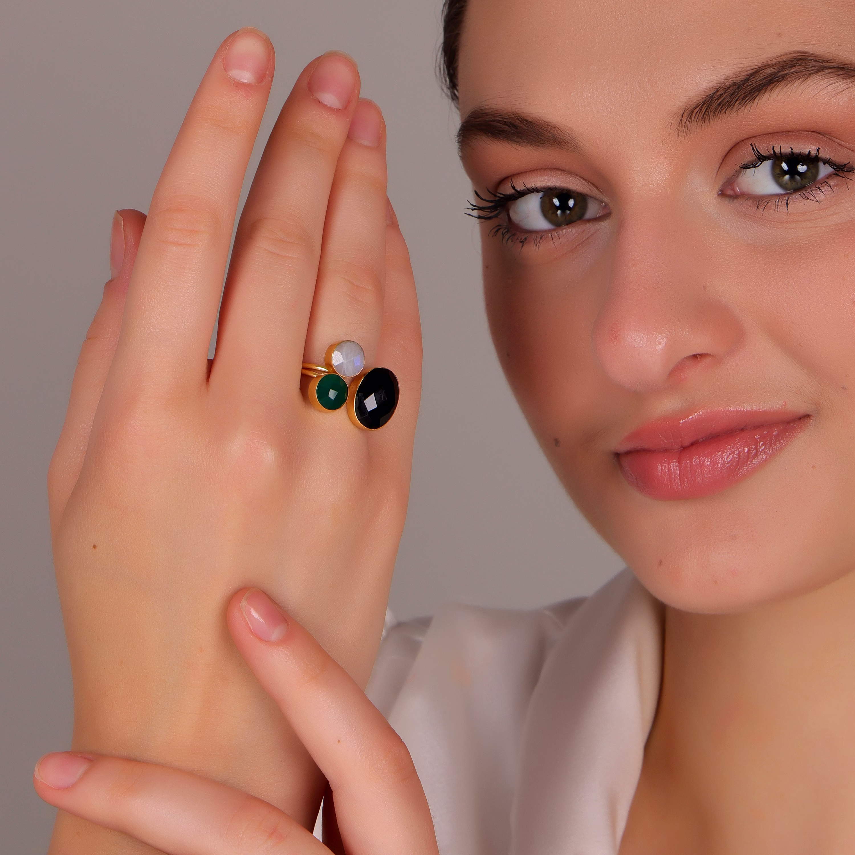 Dua Black Onyx & Rainbow Moonstone Ring – Handmade Multistone Spiritual Jewelry image 6