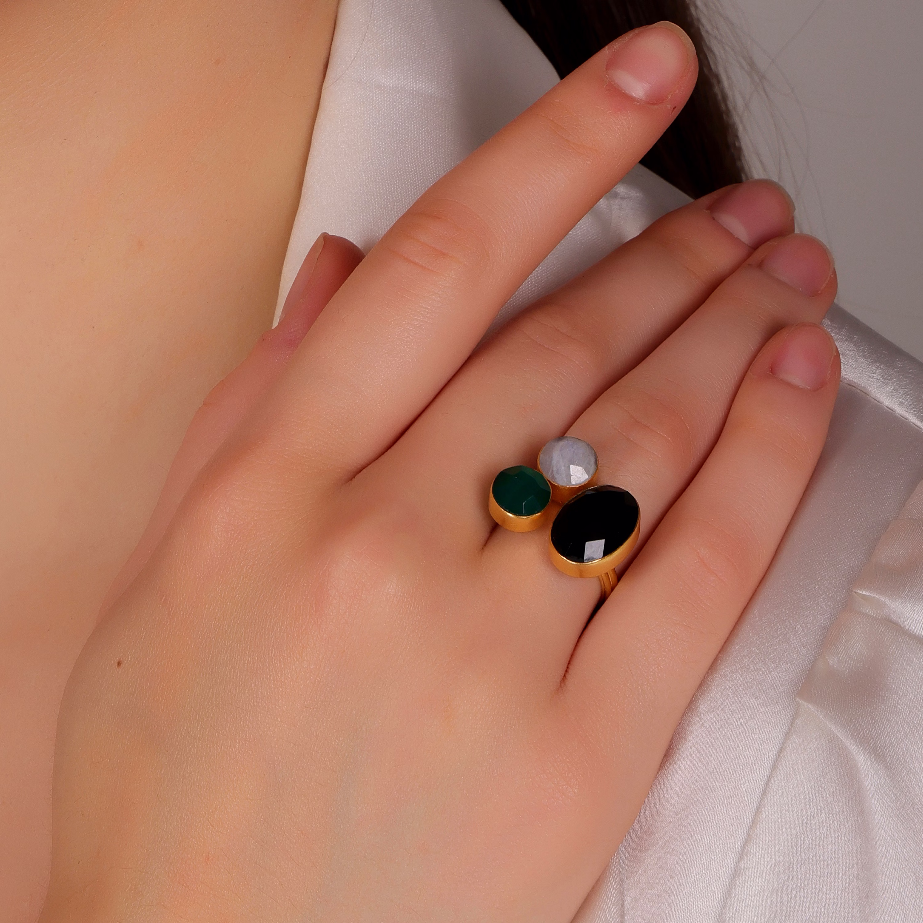 Dua Black Onyx & Rainbow Moonstone Ring – Handmade Multistone Spiritual Jewelry image 5