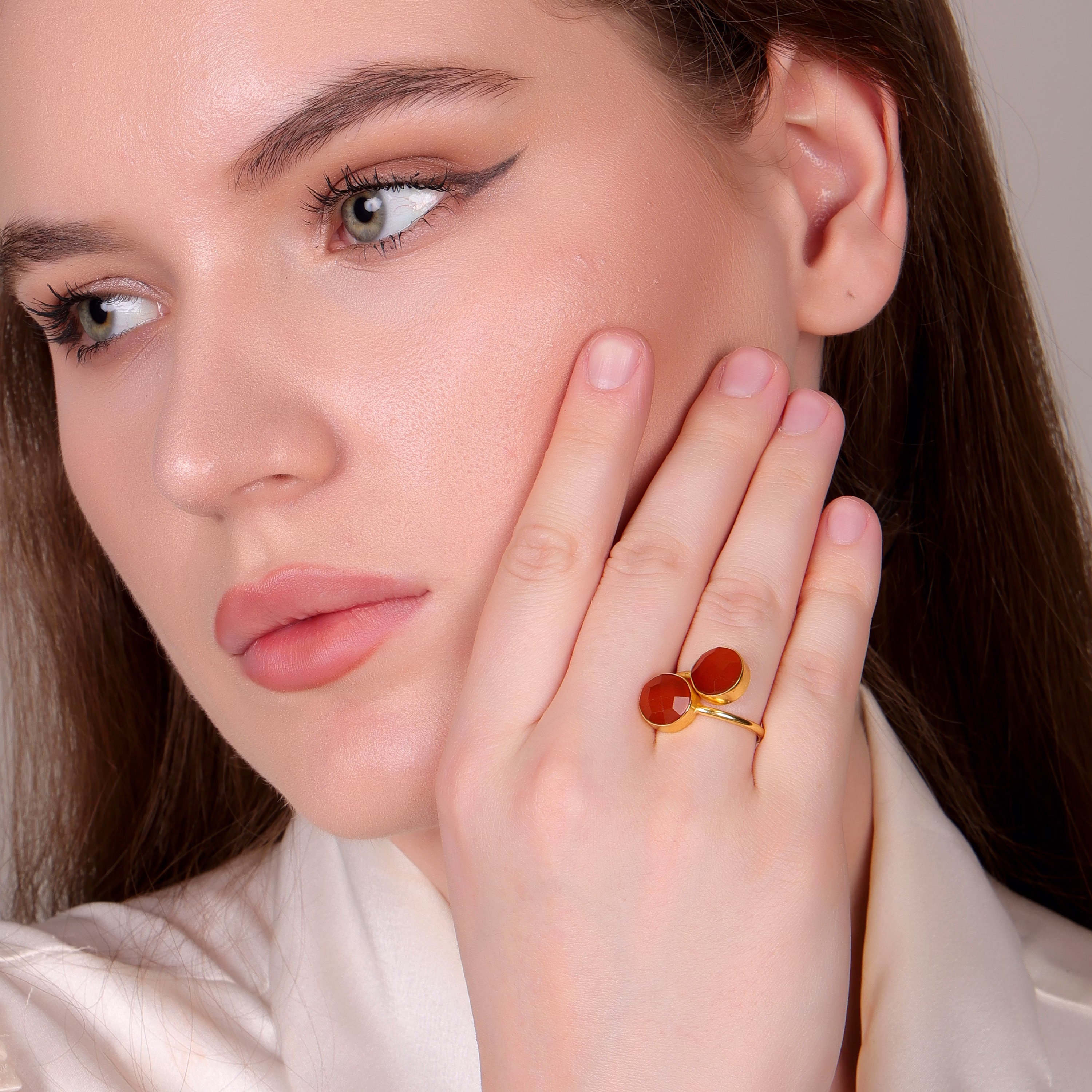 Dua Carnelian Chalcedony Round Ring | Gold Plated Handmade Statement Jewelry image 5