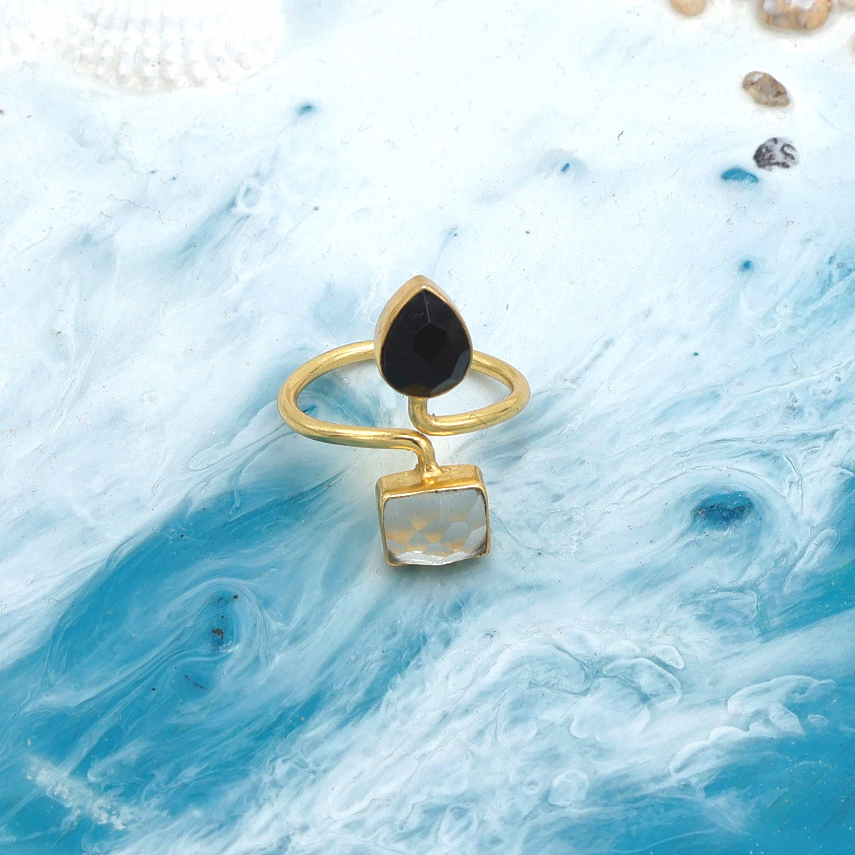 Dua Crystal & Black Onyx Rectangle Pear Ring | Unique Gold Plated Jewelry image 1