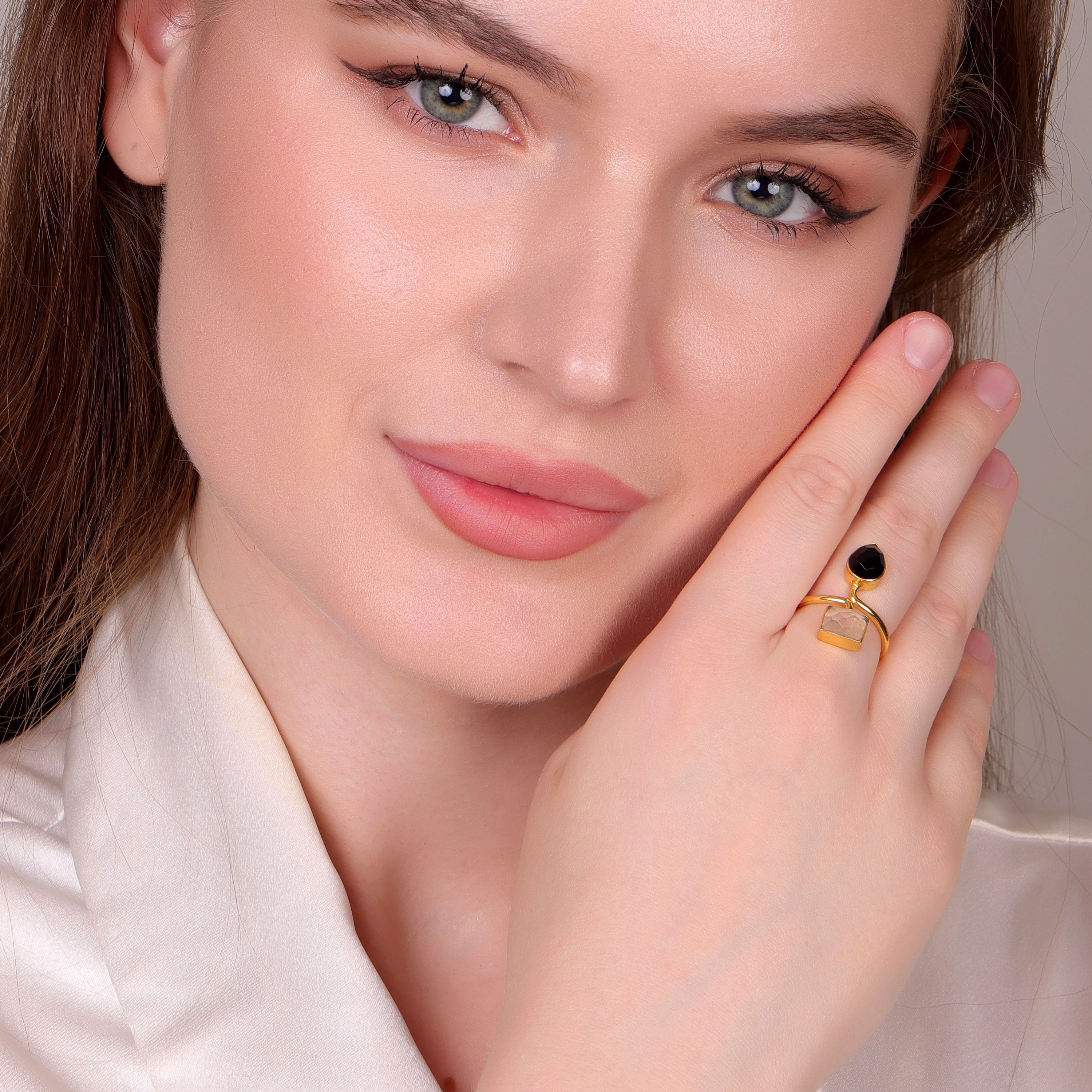 Dua Crystal & Black Onyx Rectangle Pear Ring | Unique Gold Plated Jewelry image 5