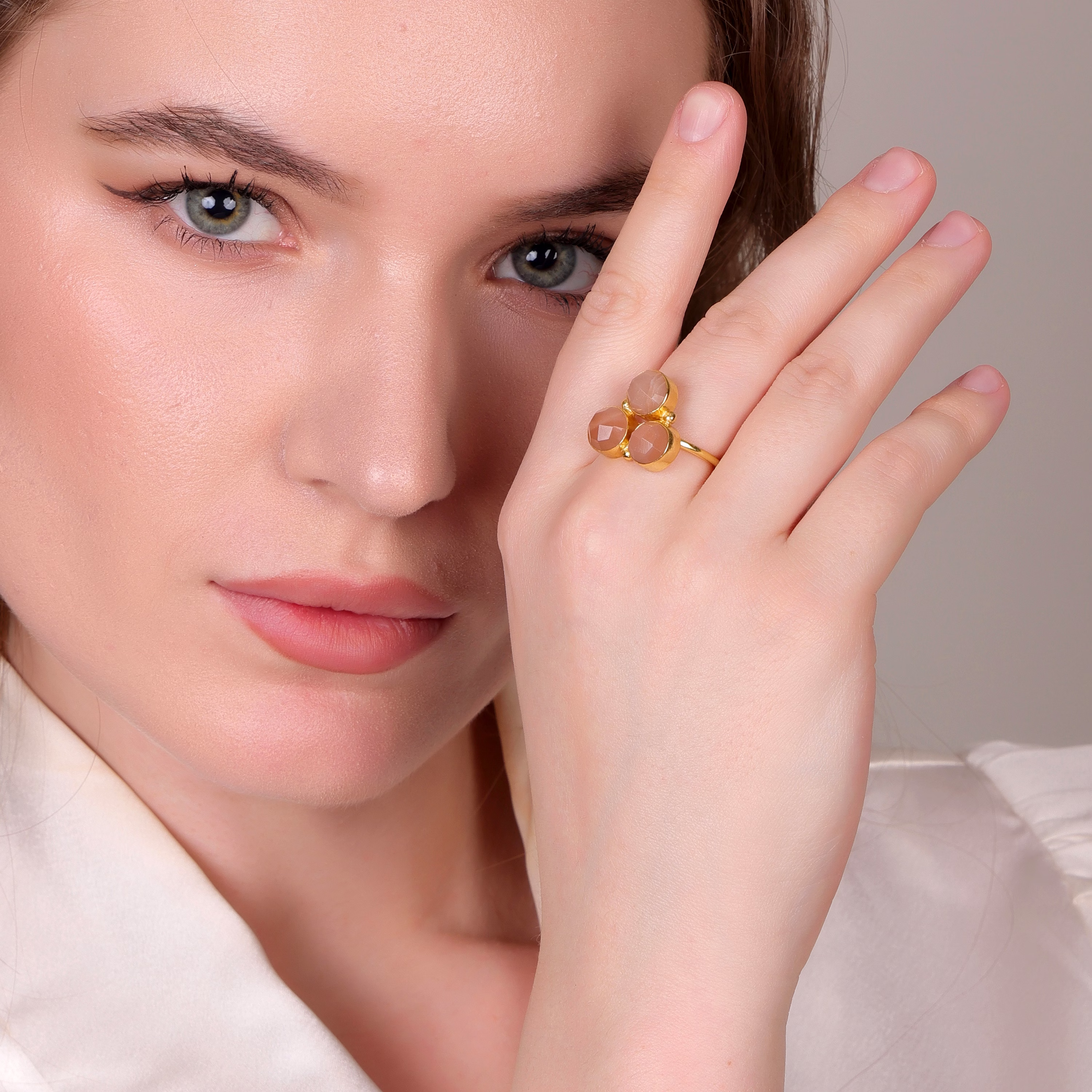 Dua Peach Moonstone Round Ring | Gold Plated Adjustable Boho Jewelry image 5