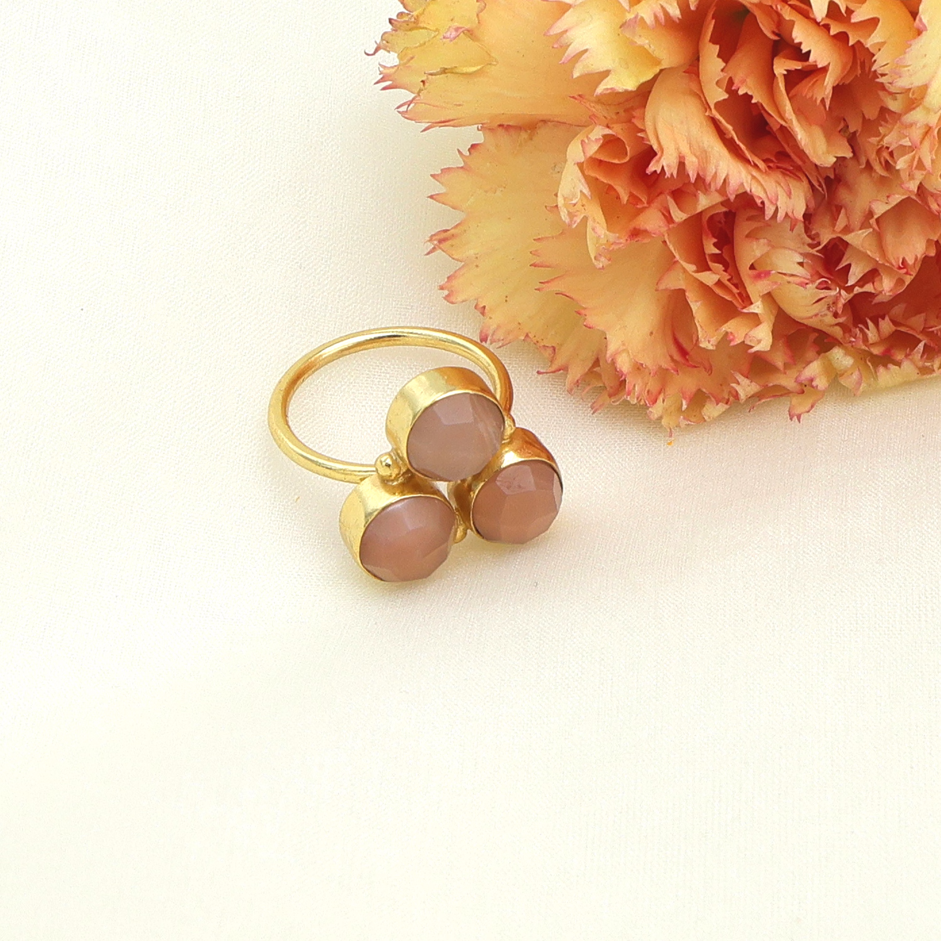 Dua Peach Moonstone Round Ring | Gold Plated Adjustable Boho Jewelry image 1