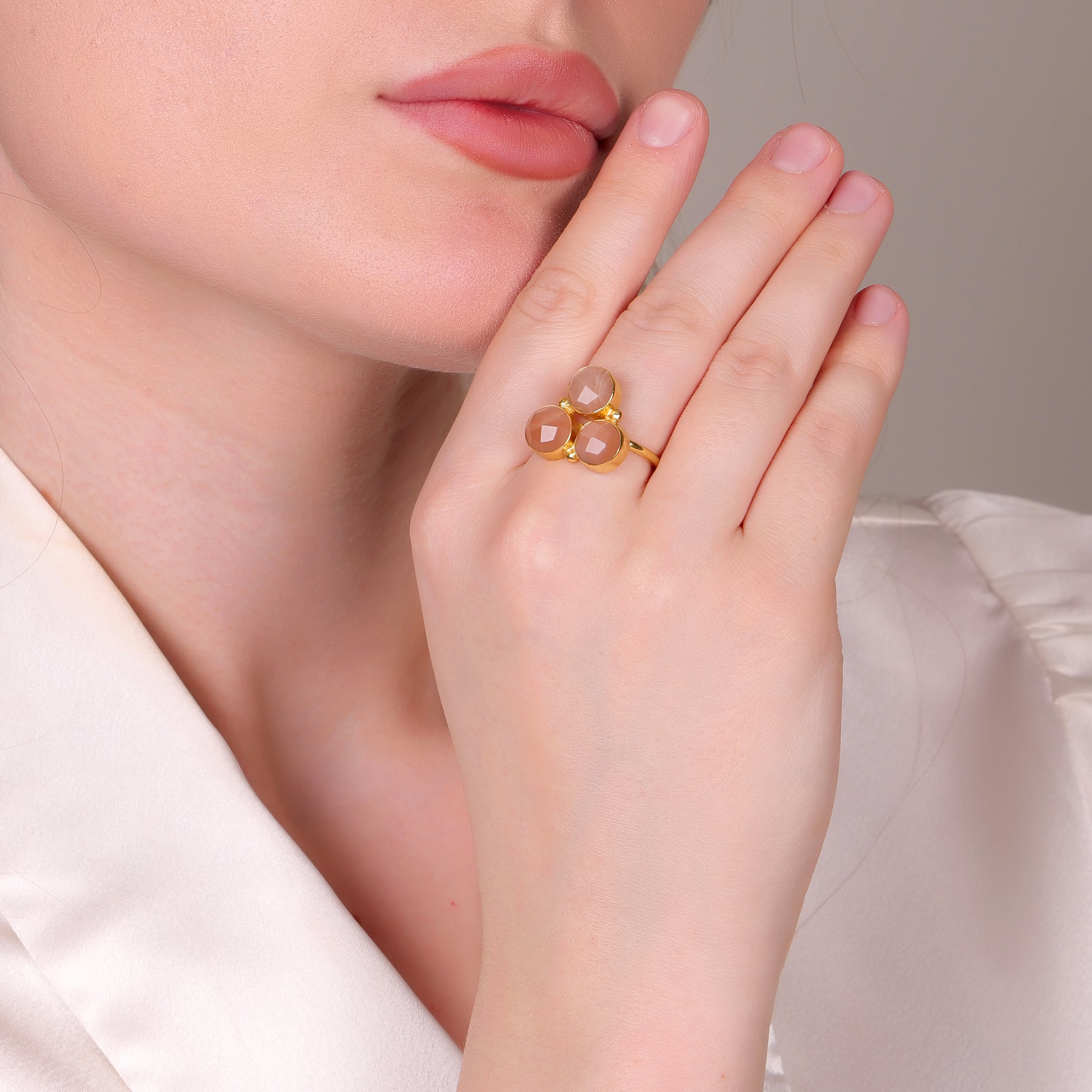 Dua Peach Moonstone Round Ring | Gold Plated Adjustable Boho Jewelry image 6