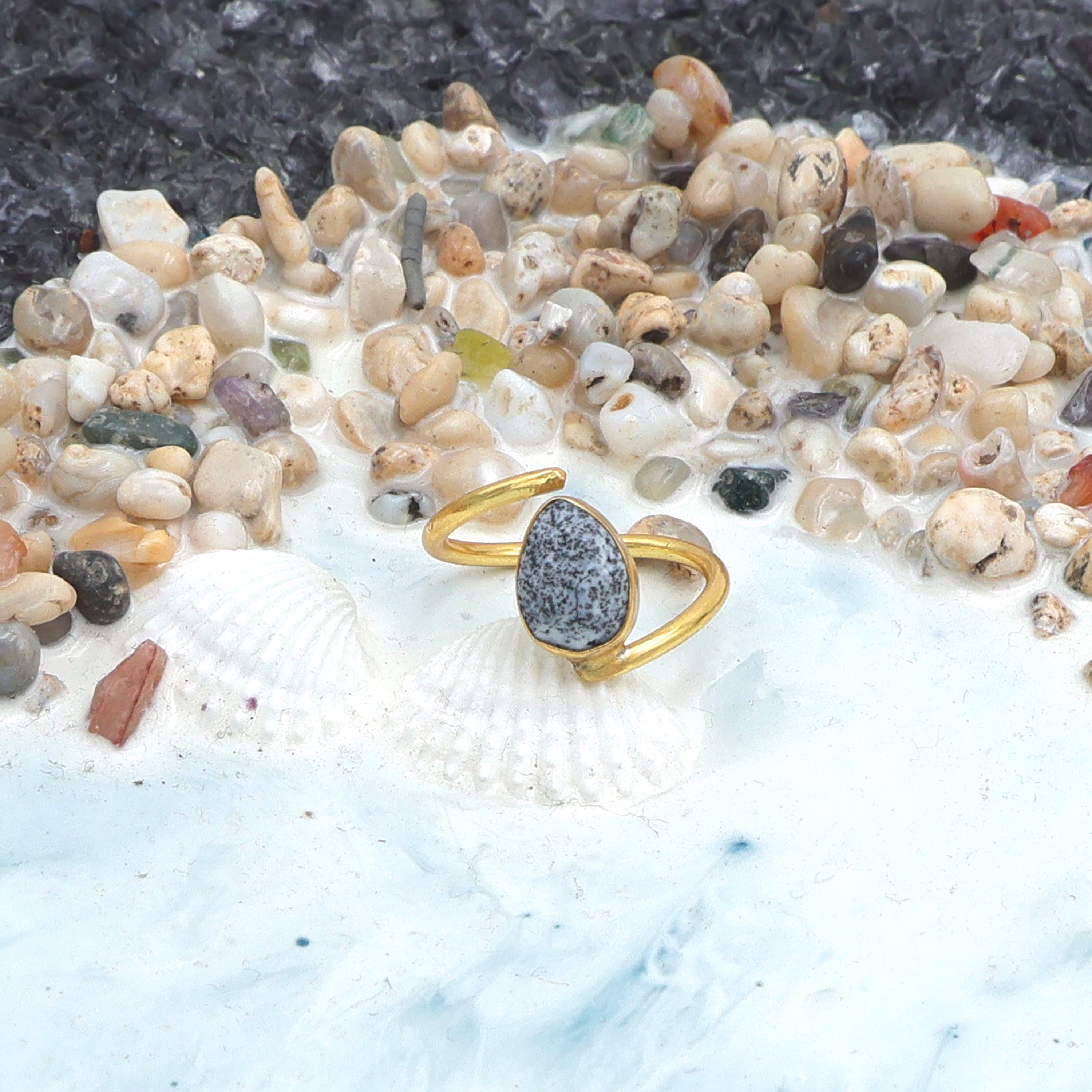 dua dendrite opal gold-plated adjustable pear ring – multicolor gemstone statement jewelry