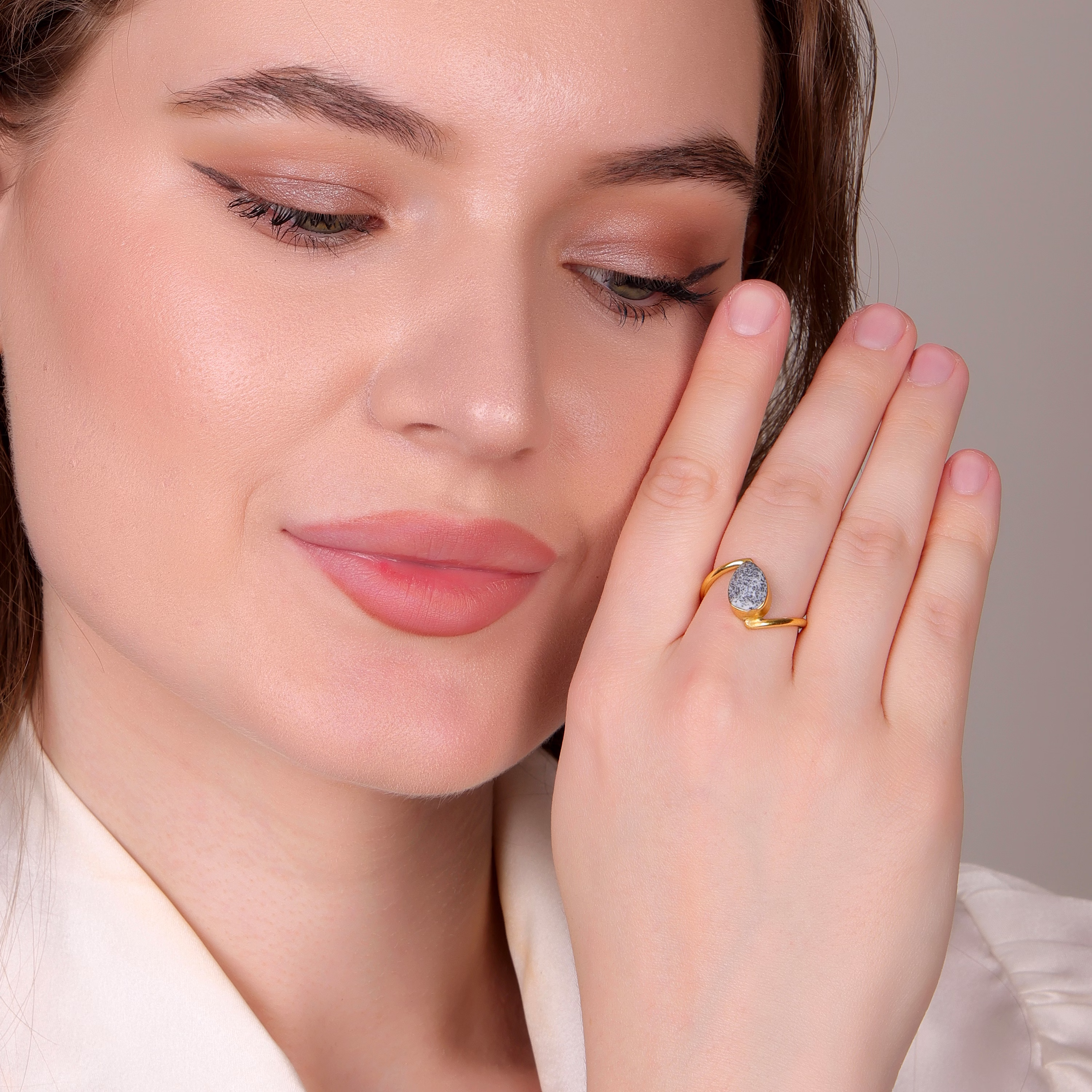 Dua Dendrite Opal Gold-Plated Adjustable Pear Ring – Multicolor Gemstone Statement Jewelry image 5
