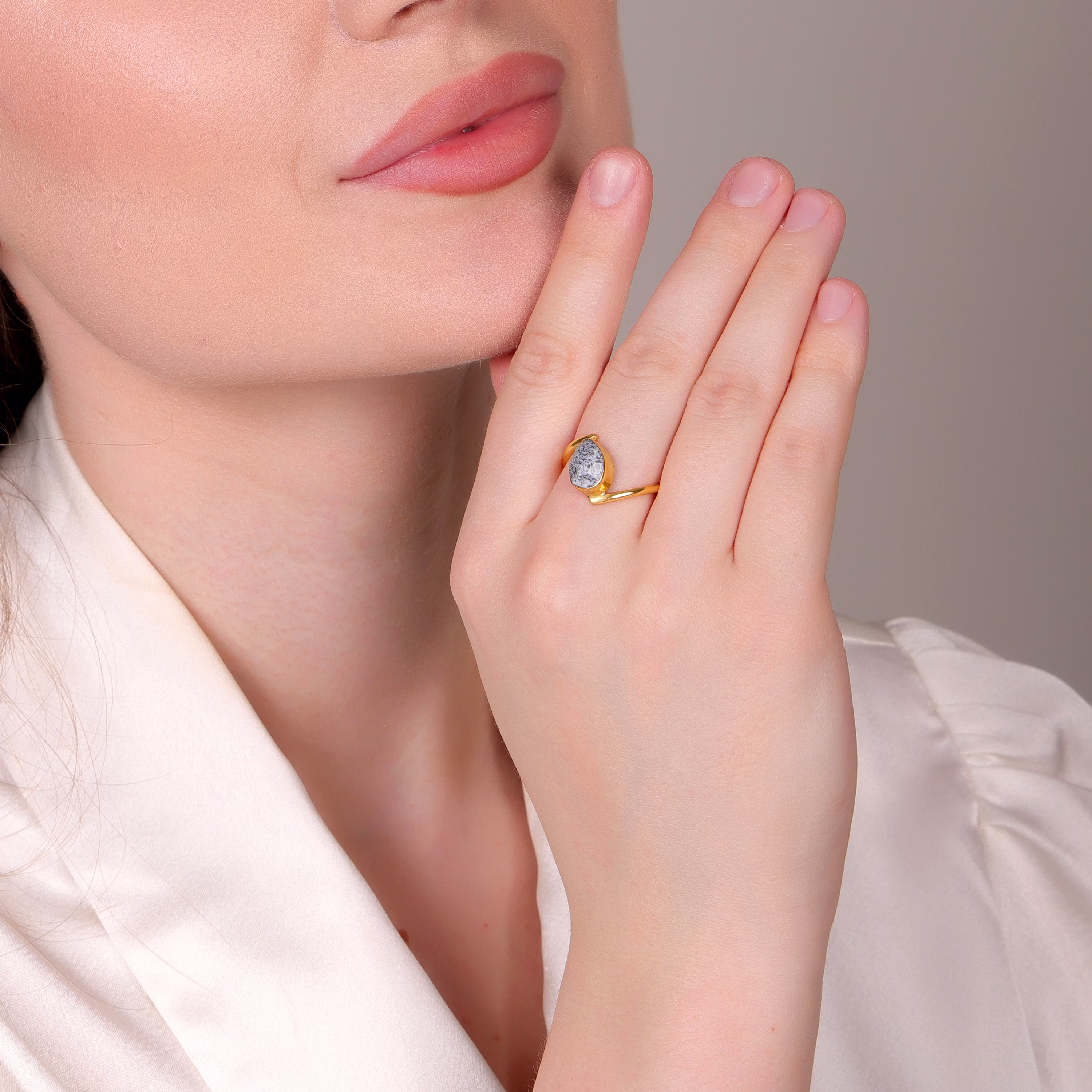Dua Dendrite Opal Gold-Plated Adjustable Pear Ring – Multicolor Gemstone Statement Jewelry image 6