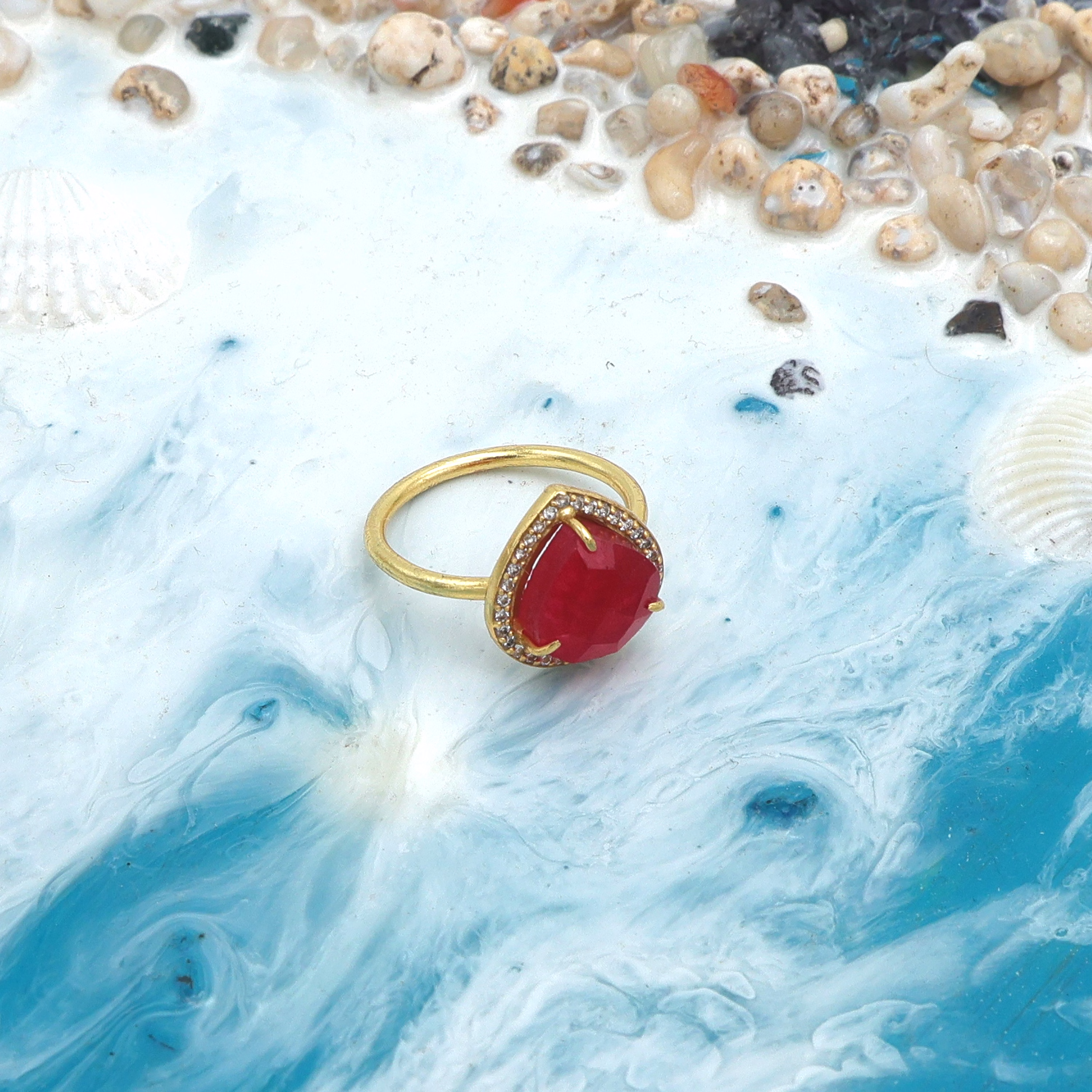 Dua Red Jade Gold-Plated Adjustable Heart Ring – Red Gemstone Romantic Statement Jewelry image 1