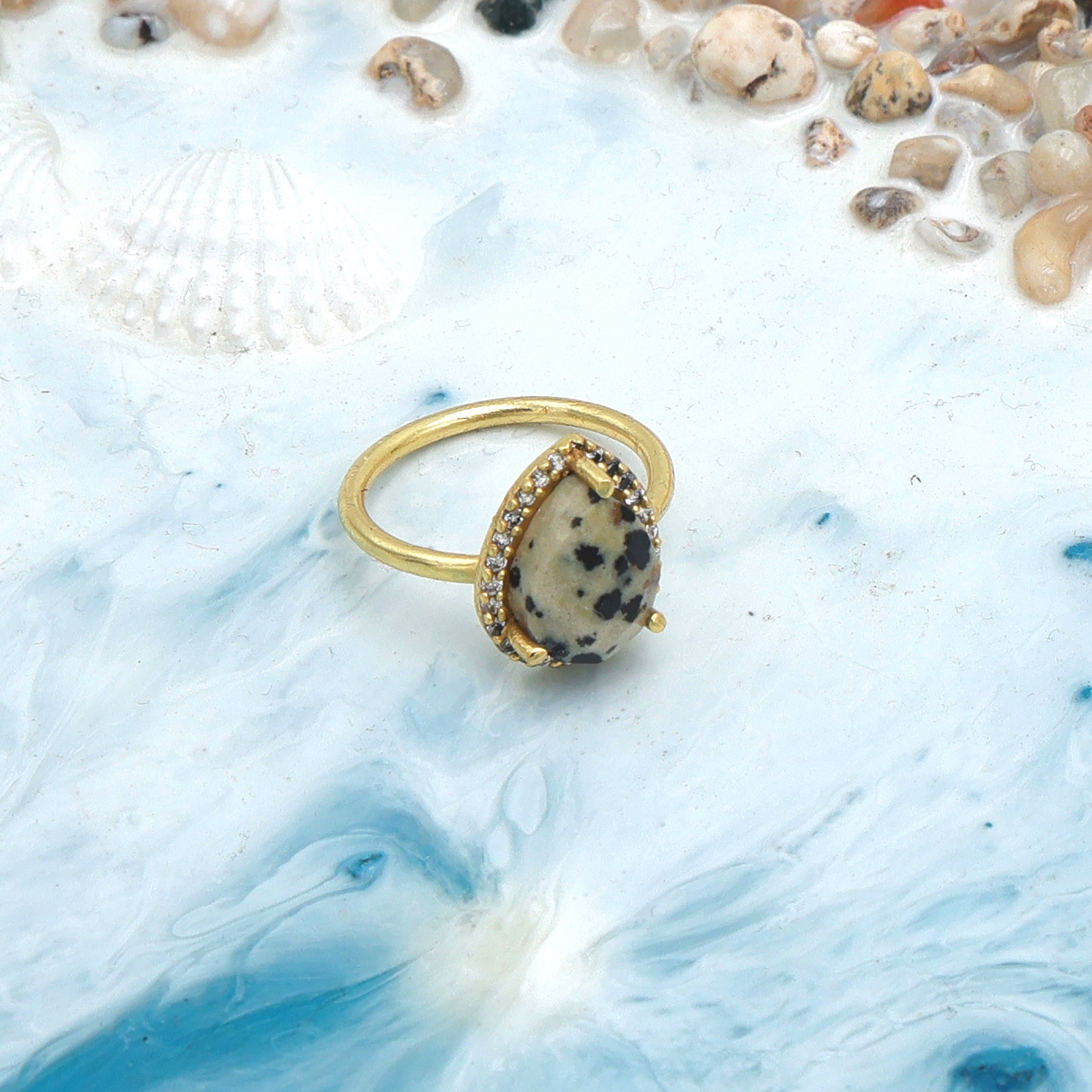 Dua Dalmatian Jasper Gold-Plated Adjustable Pear Ring – Multicolor Gemstone Boho Chic Jewelry image 1