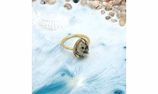 Dua Dalmatian Jasper Gold-Plated Adjustable Pear Ring – Multicolor Gemstone Boho Chic Jewelry