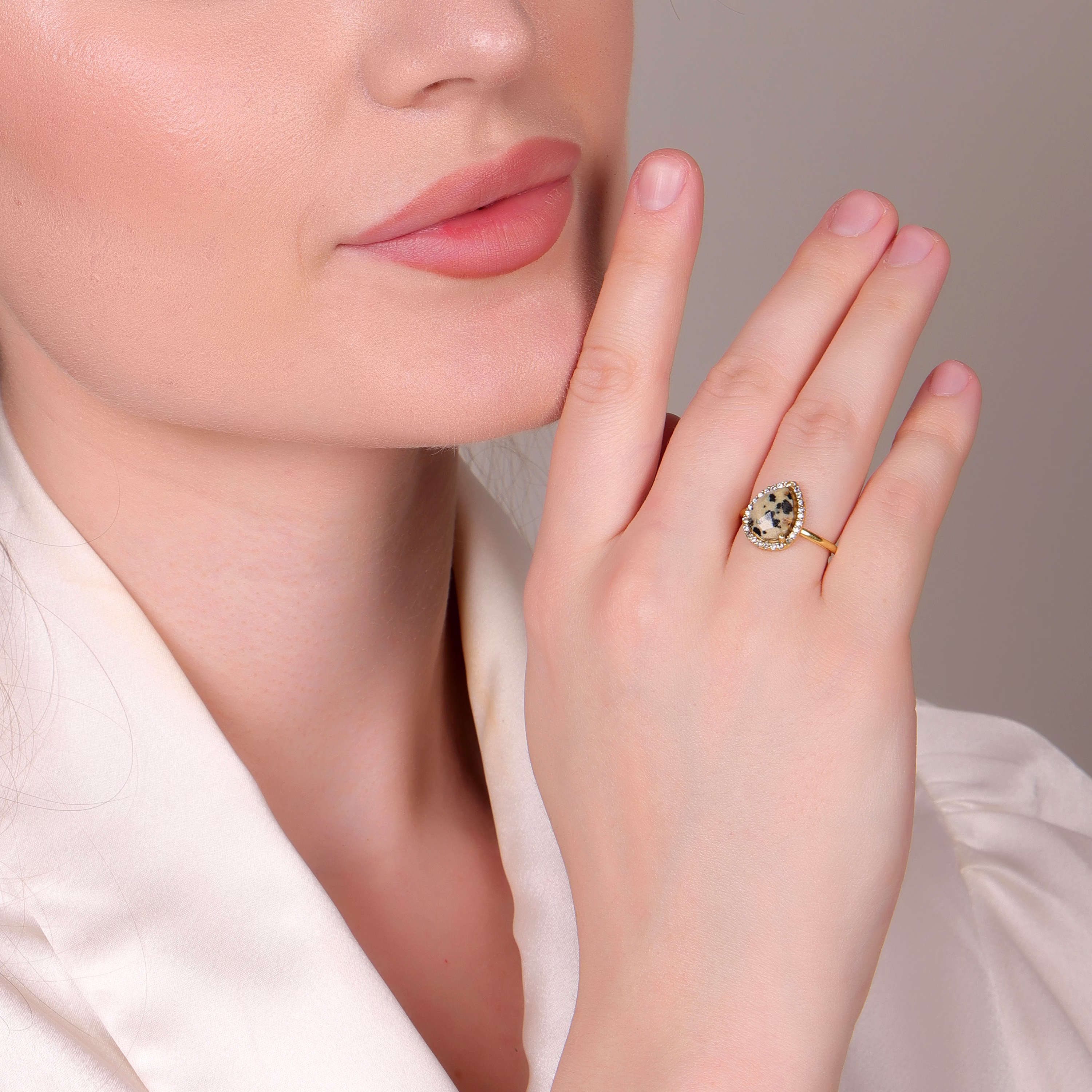Dua Dalmatian Jasper Gold-Plated Adjustable Pear Ring – Multicolor Gemstone Boho Chic Jewelry image 5