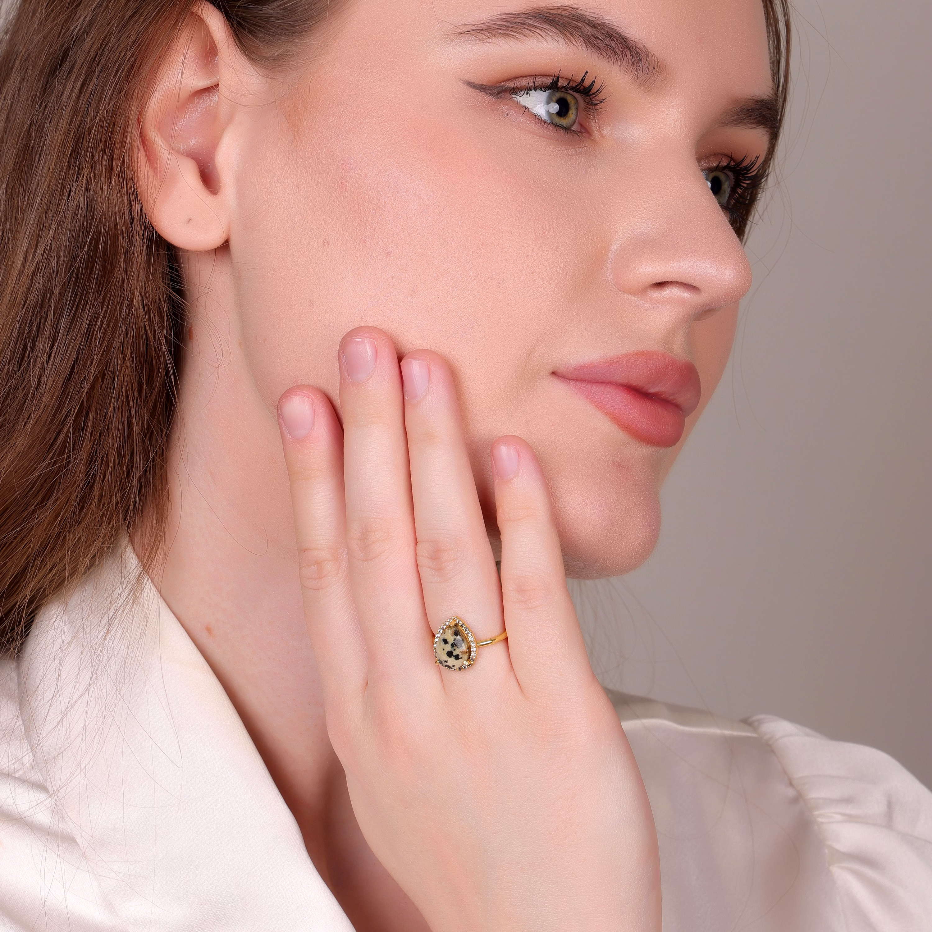 Dua Dalmatian Jasper Gold-Plated Adjustable Pear Ring – Multicolor Gemstone Boho Chic Jewelry image 6