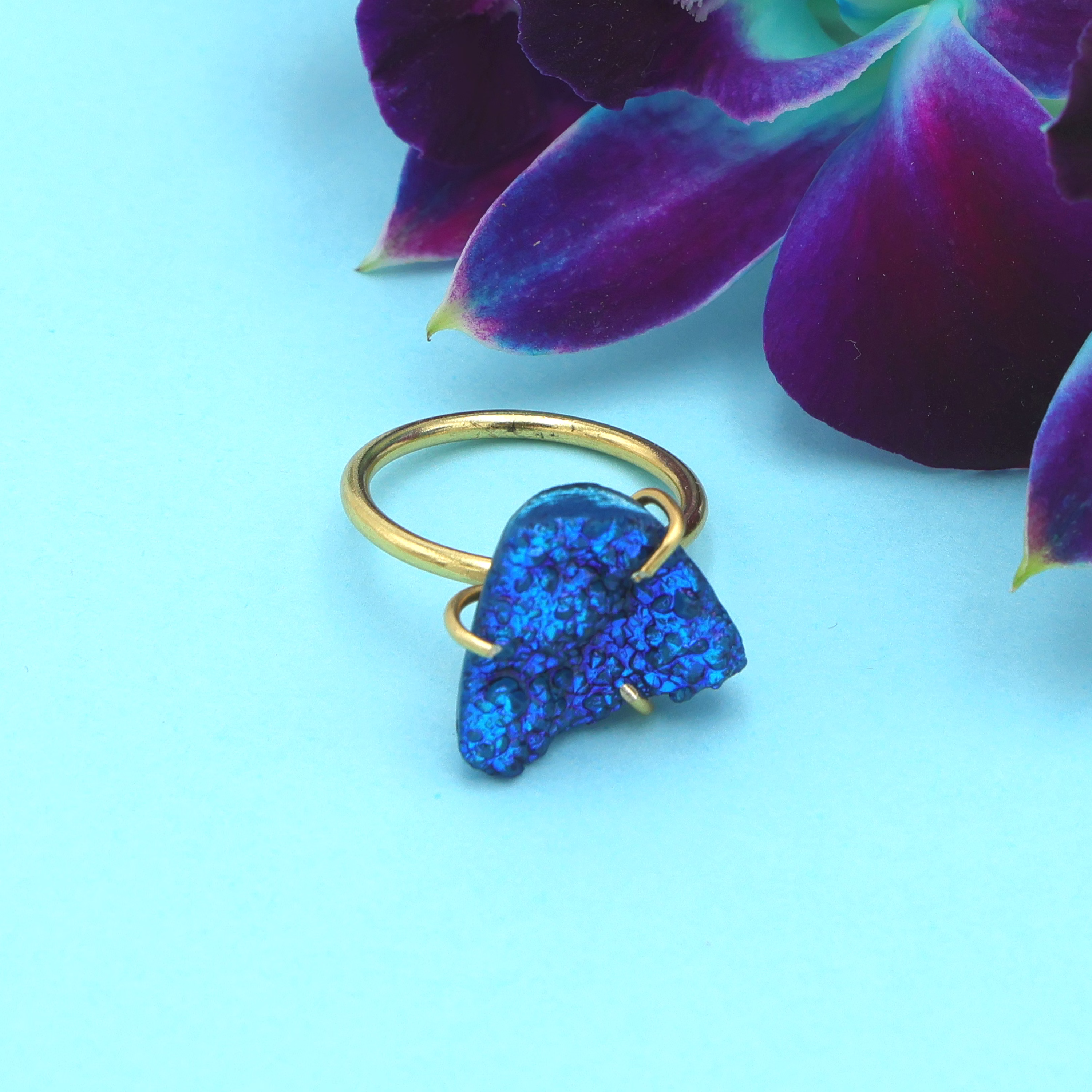 Dua Peacock Druzy Gold-Plated Adjustable Ring – Artistic Boho Jewelry for Women image 1