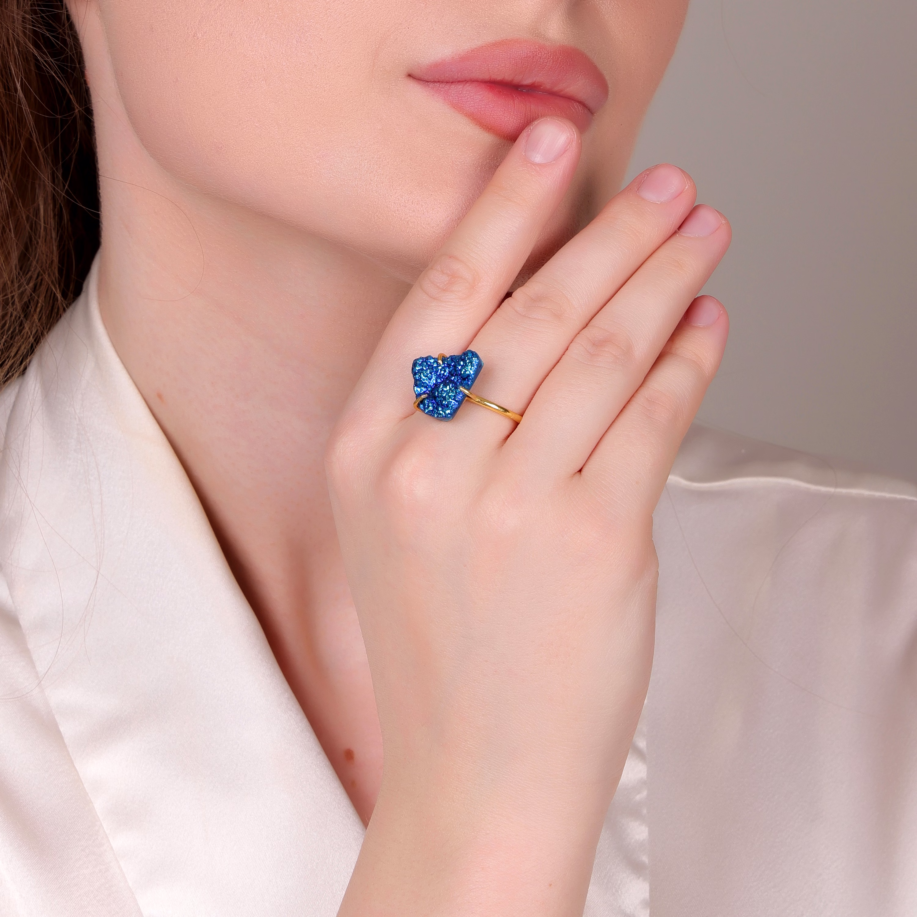 Dua Peacock Druzy Gold-Plated Adjustable Ring – Artistic Boho Jewelry for Women image 6