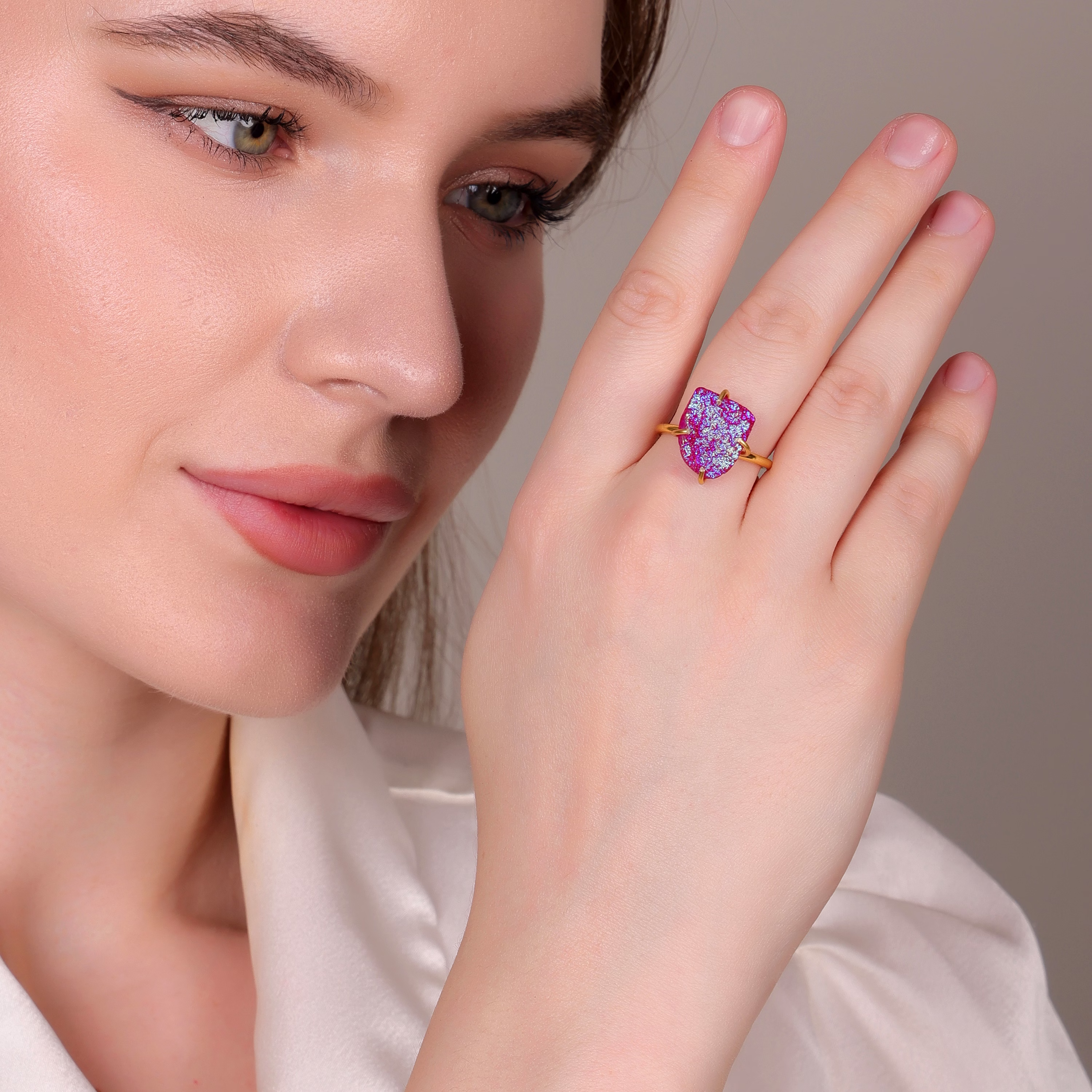 Dua Pink Druzy Gold-Plated Adjustable Ring – Minimalist Handcrafted Jewelry for Women image 6