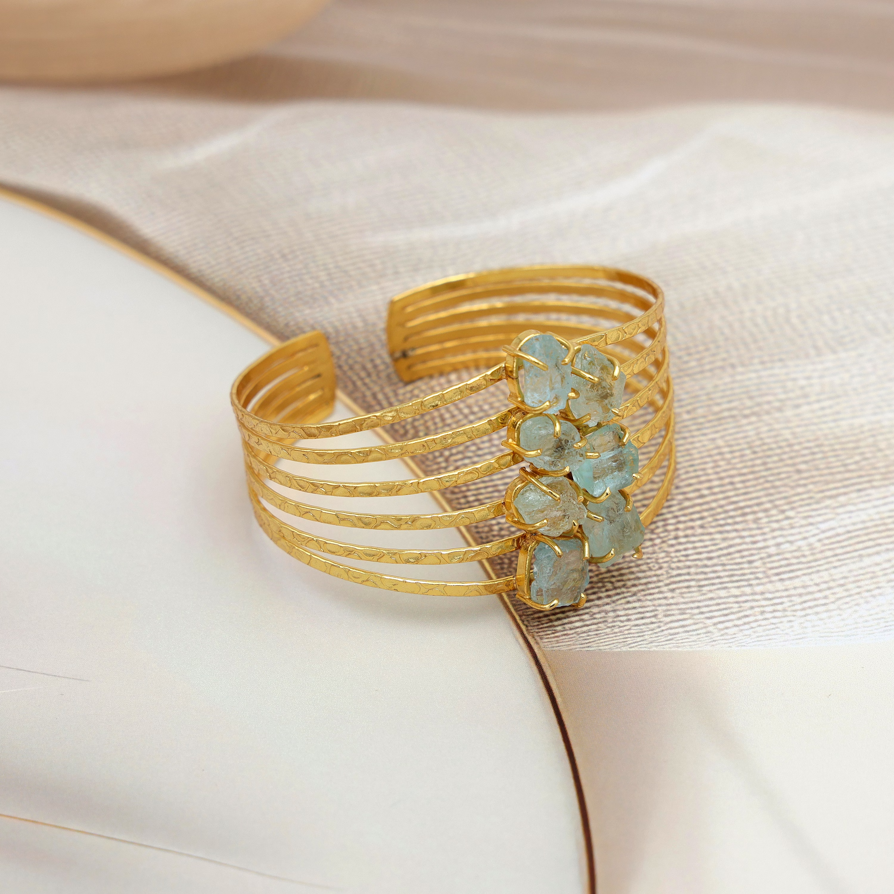 Aquamarine Rough Bangle Bracelet for Women – Gold Plated Brass Blue Jewelry image 1