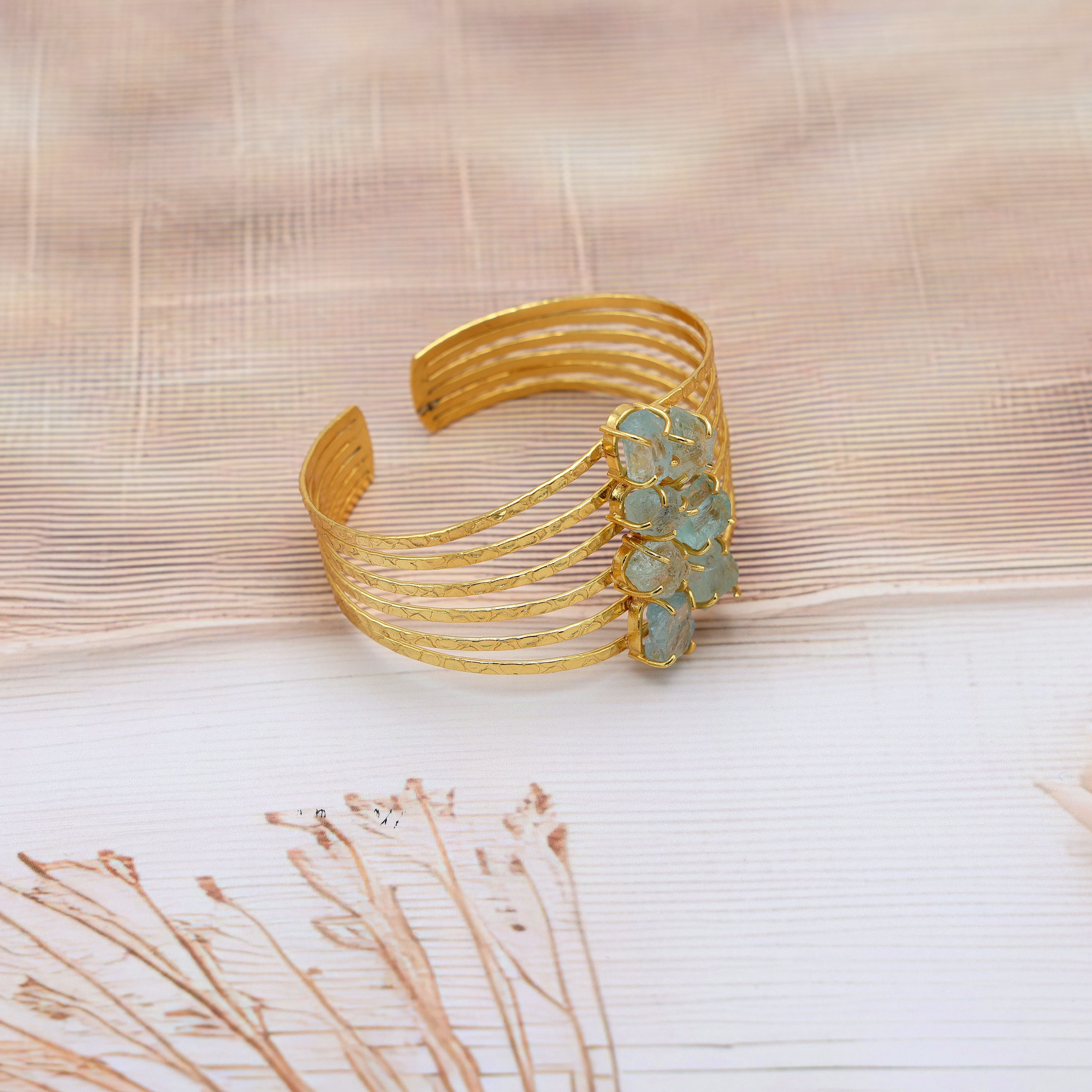 Aquamarine Rough Bangle Bracelet for Women – Gold Plated Brass Blue Jewelry image 2