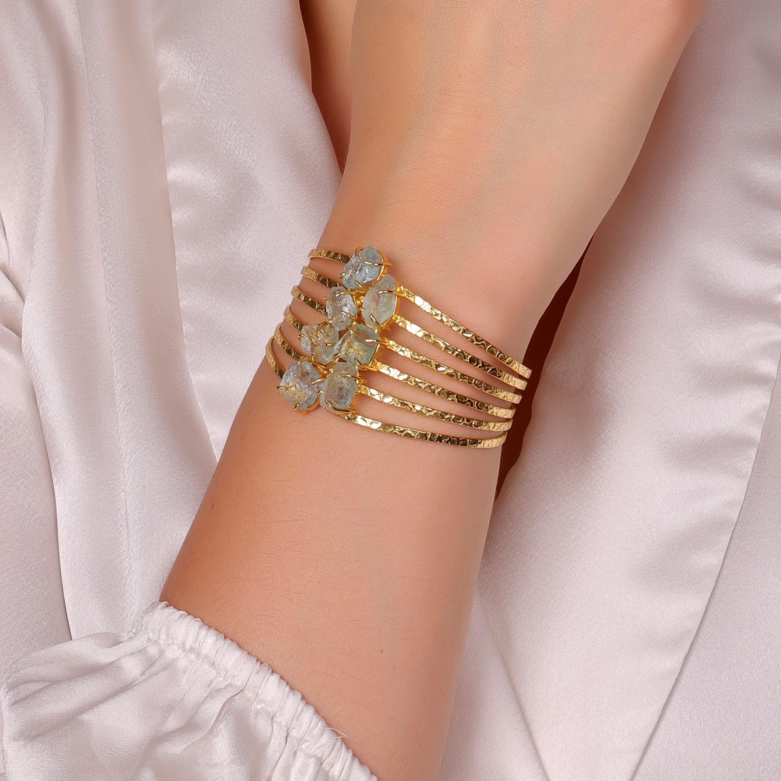 Aquamarine Rough Bangle Bracelet for Women – Gold Plated Brass Blue Jewelry image 7