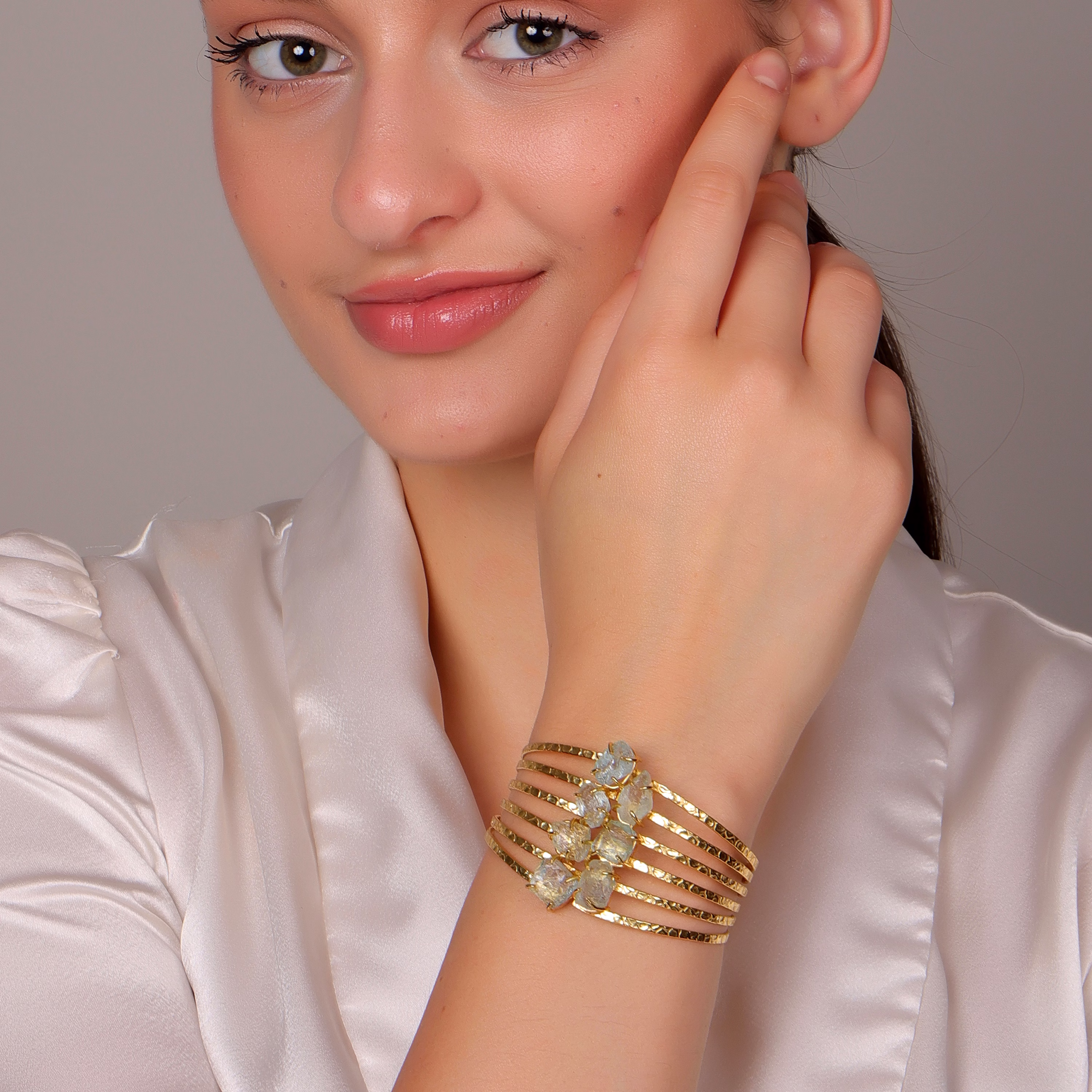 Aquamarine Rough Bangle Bracelet for Women – Gold Plated Brass Blue Jewelry image 6