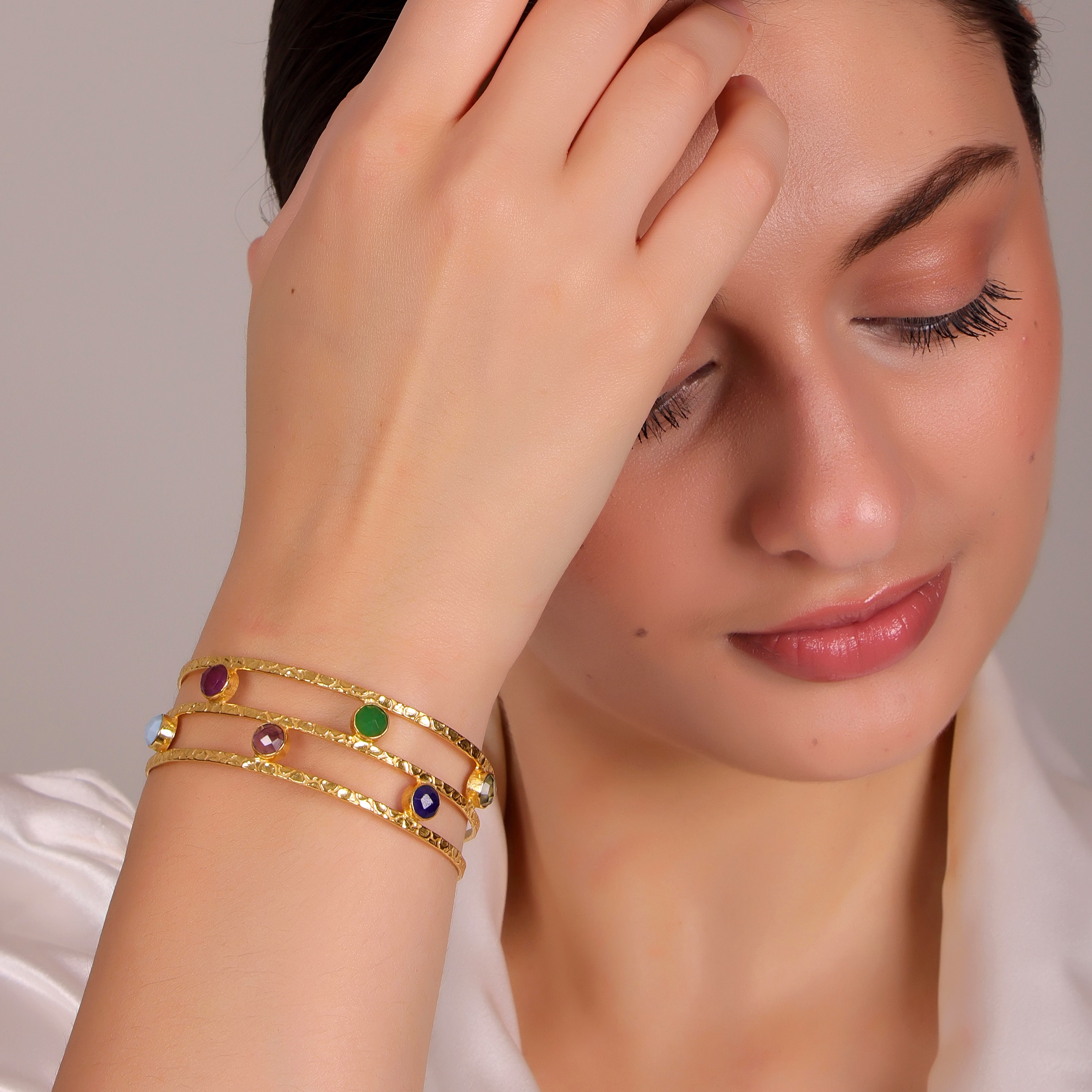 Multicolor Jade Bangle Bracelet – Gold Plated Brass Statement Jewelry for Women image 6