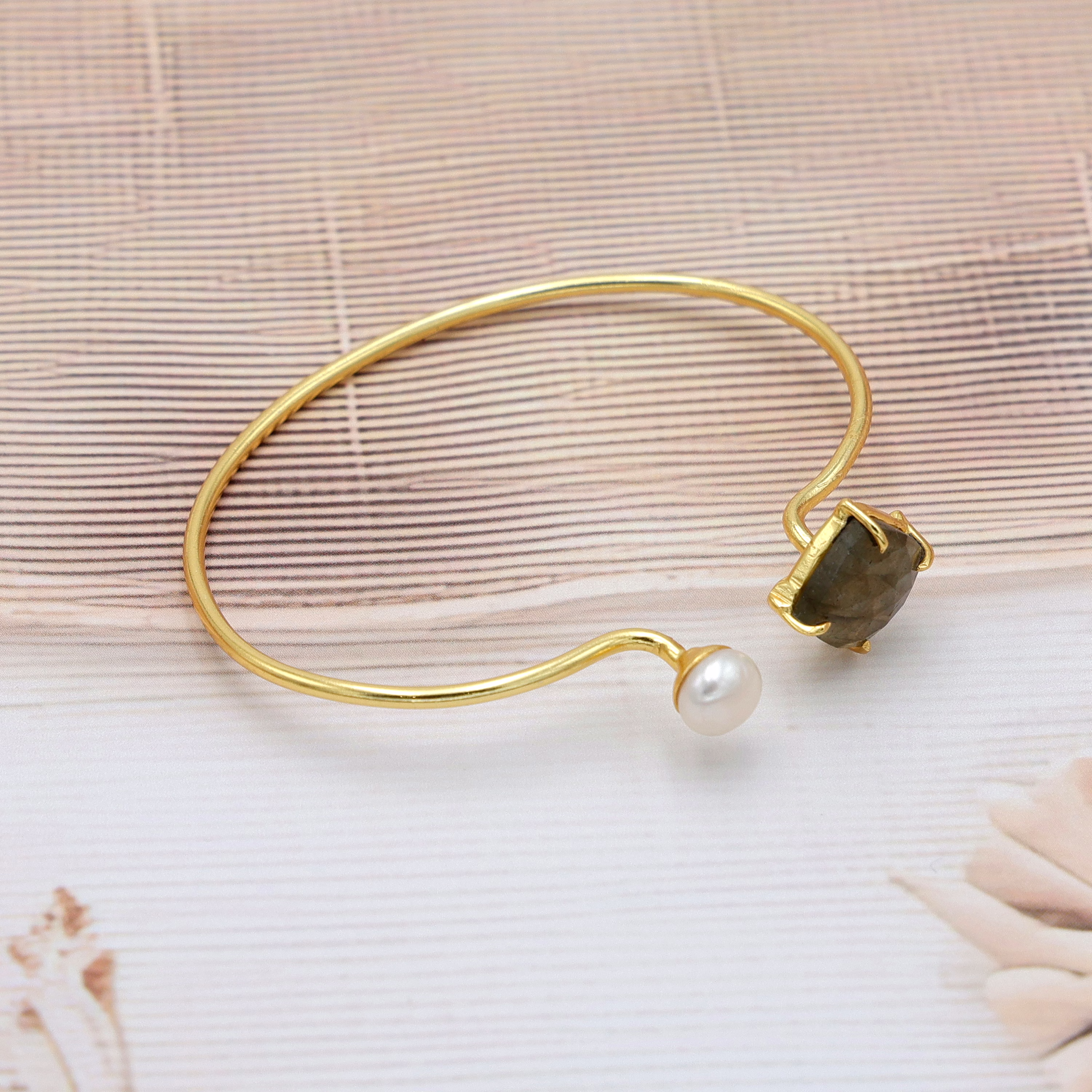 Labradorite & Pearl Bangle – Handmade Gold Plated Brass Bracelet for Women image 2