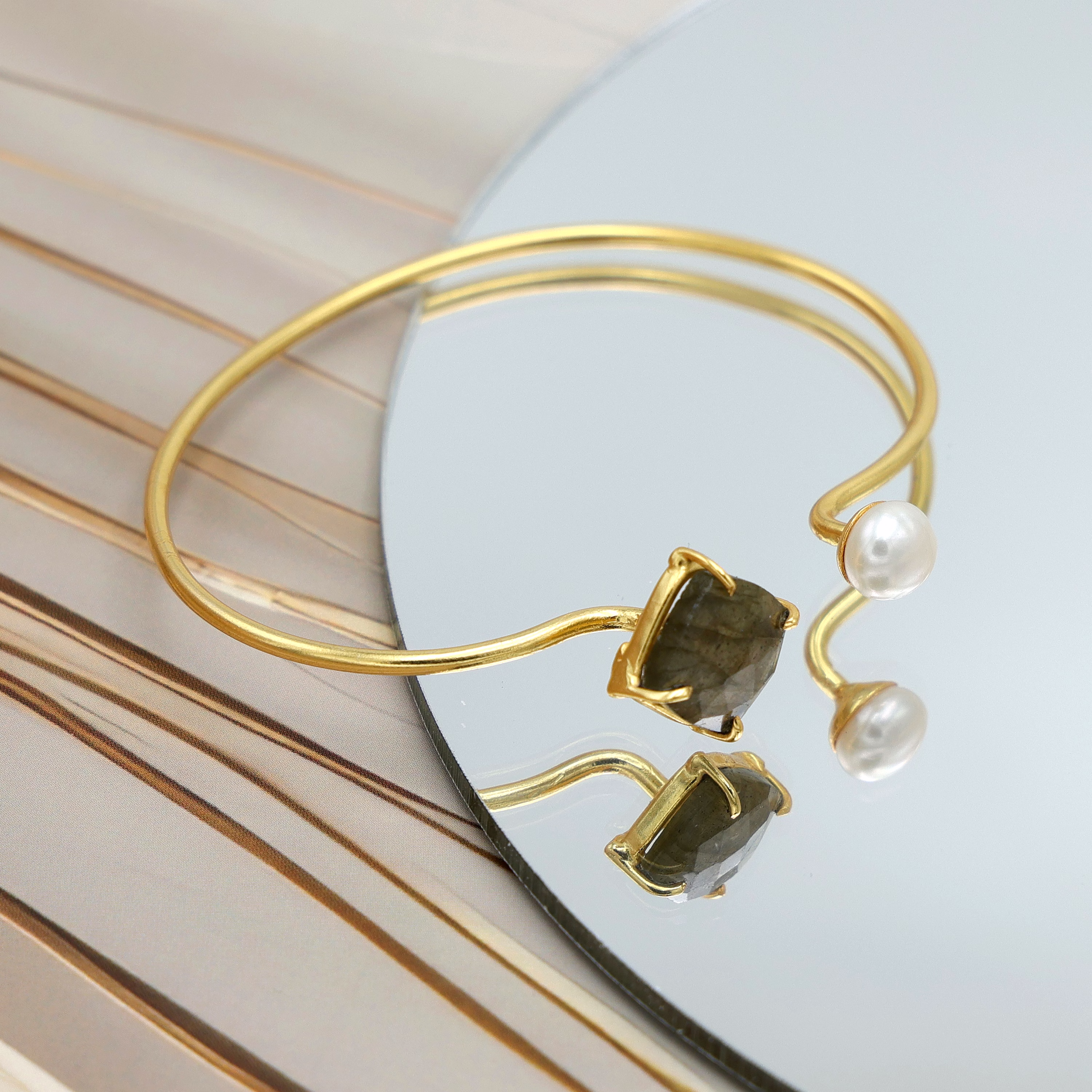 Labradorite & Pearl Bangle – Handmade Gold Plated Brass Bracelet for Women image 1