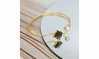 Labradorite & Pearl Bangle – Handmade Gold Plated Brass Bracelet for Women