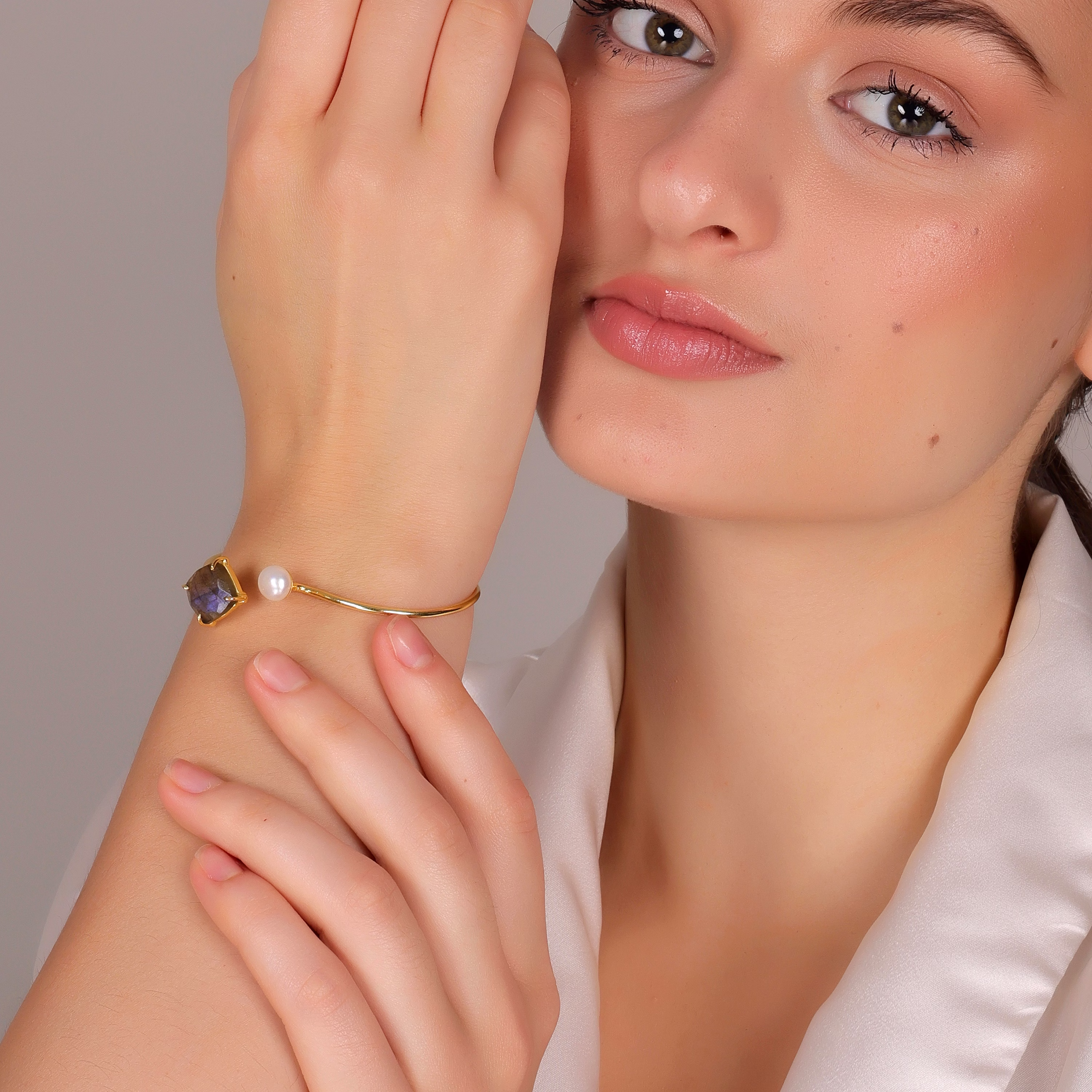Labradorite & Pearl Bangle – Handmade Gold Plated Brass Bracelet for Women image 6