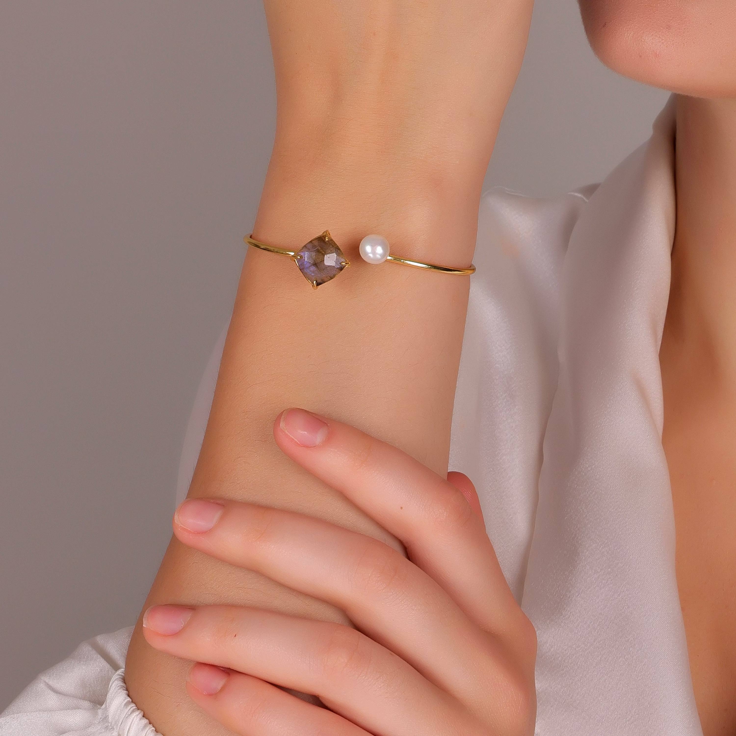 Labradorite & Pearl Bangle – Handmade Gold Plated Brass Bracelet for Women image 5