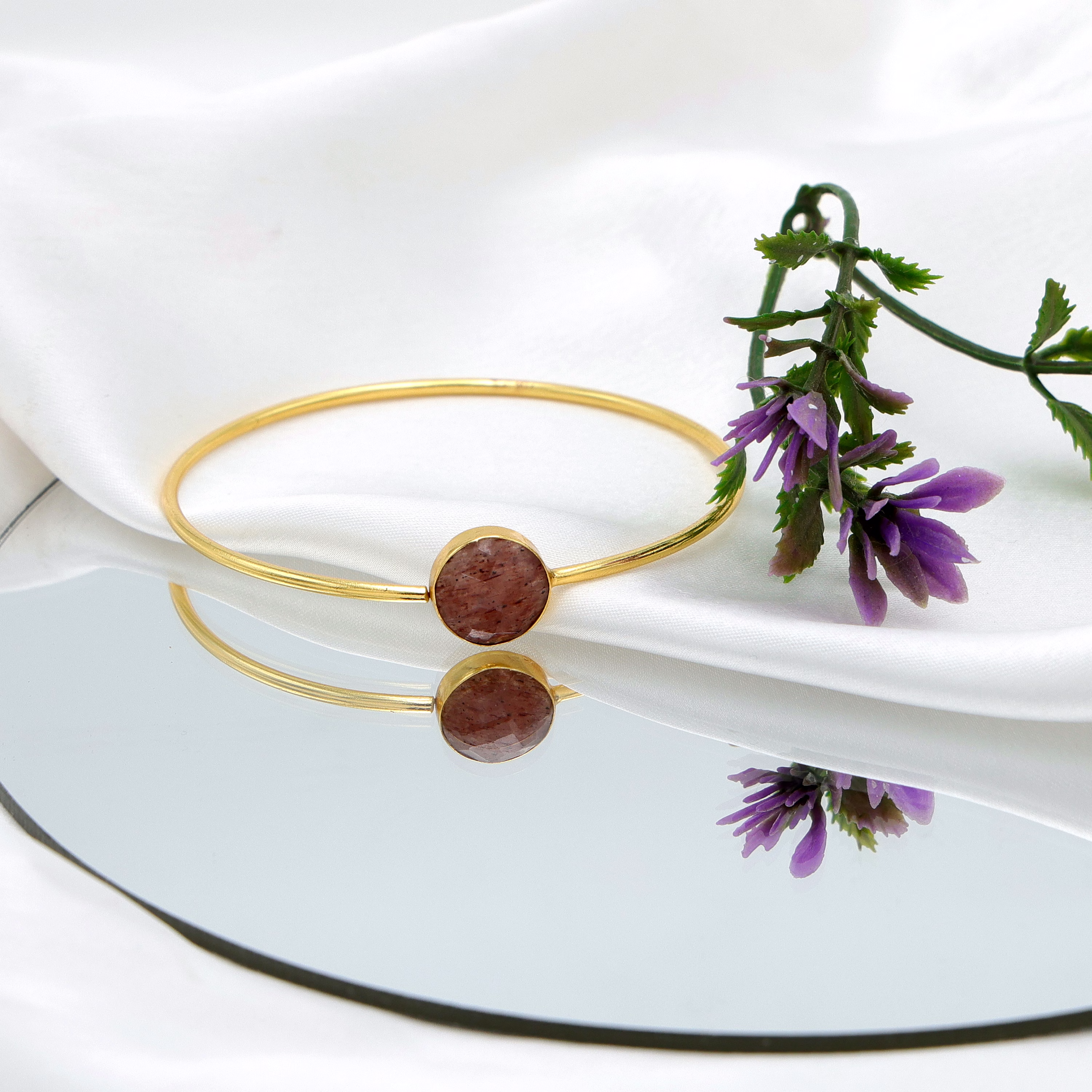 Strawberry Quartz Bangle Bracelet – Gold Plated Brass Brown Crystal Jewelry image 1