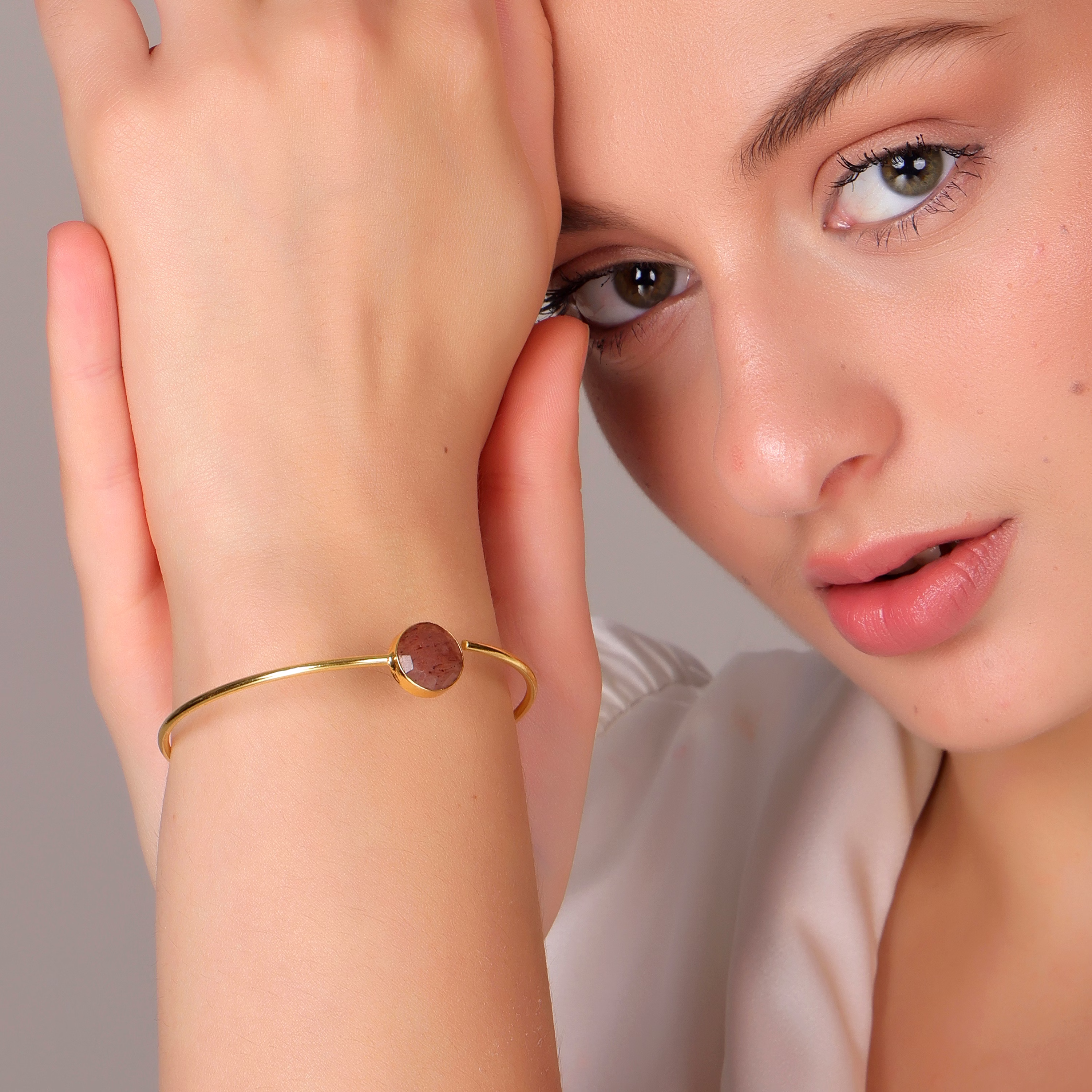 Strawberry Quartz Bangle Bracelet – Gold Plated Brass Brown Crystal Jewelry image 6