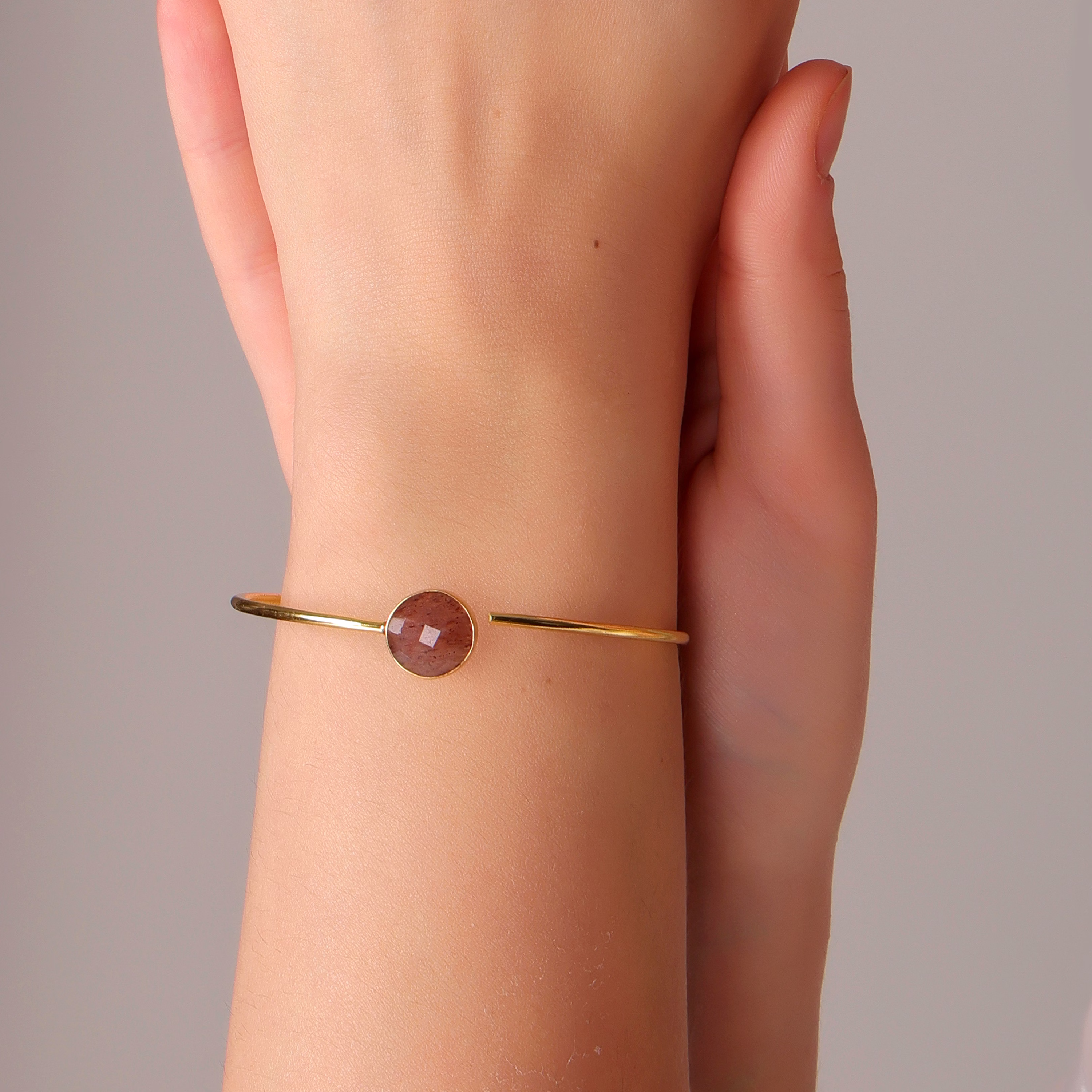 Strawberry Quartz Bangle Bracelet – Gold Plated Brass Brown Crystal Jewelry image 5