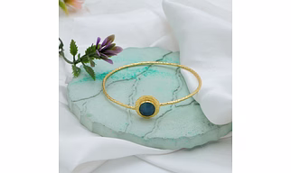 Blue Chalcedony Gemstone Bangle – Gold Plated Brass Handmade Bracelet for Women