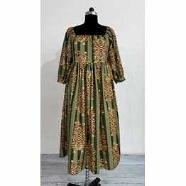 olive green tiger print cotton dress | hand block printed midi dress | boho animal print long sleeve outfit for women