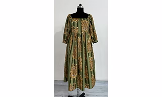Olive Green Tiger Print Cotton Dress | Hand Block Printed Midi Dress | Boho Animal Print Long Sleeve Outfit for Women