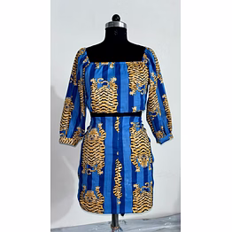 blue tiger print cotton mini dress | hand block printed boho short dress | animal print puff sleeve outfit for women