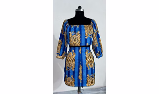 Blue Tiger Print Cotton Mini Dress | Hand Block Printed Boho Short Dress | Animal Print Puff Sleeve Outfit for Women