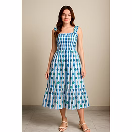 blue polka dot striped cotton dress | sleeveless ruffle strap midi dress | summer casual outfit for women