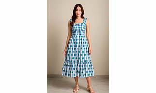 Blue Polka Dot Striped Cotton Dress | Sleeveless Ruffle Strap Midi Dress | Summer Casual Outfit for Women