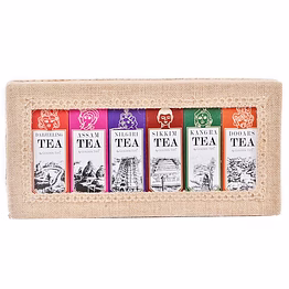 goldentipstea 6-in-1 delightful teas (darjeeling, assam, nilgiri, sikkim, kangra & dooars) in handcrafted jute box