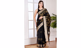 Black Hand-Painted Zari Tussar Silk Saree