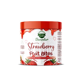 danodia foods strawberry fruit bites 300g (10.5 oz) | soft chewy strawberry pulp candy | individually wrapped bite-size pieces | resealable jar | fda registered