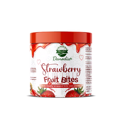 danodia foods strawberry fruit bites 300g (10.5 oz) | soft chewy strawberry pulp candy | individually wrapped bite-size pieces | resealable jar | fda registered
