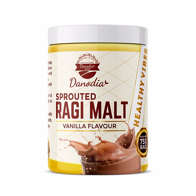 danodia foods sprouted ragi (millet) malt, 400 g (14.11 oz) – vanilla flavor | sprouted finger millet drink mix | non gmo | naturally gluten-free | just mix with water or milk – ready in minutes | fda registered