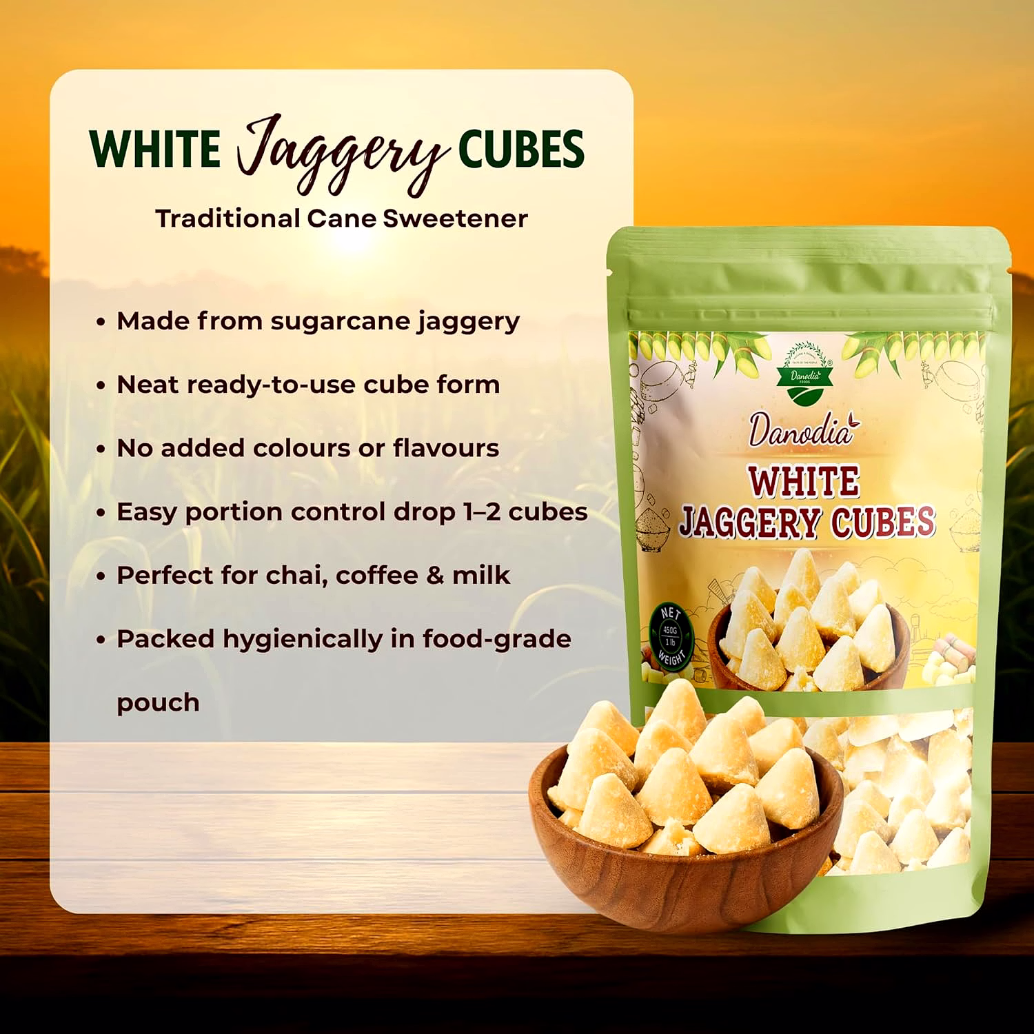 Danodia Foods White Jaggery Cubes/Blocks (450g/1lbs) | Natural Sugarcane Sweetener, Ideal For Tea, Milk, Pudding image 1