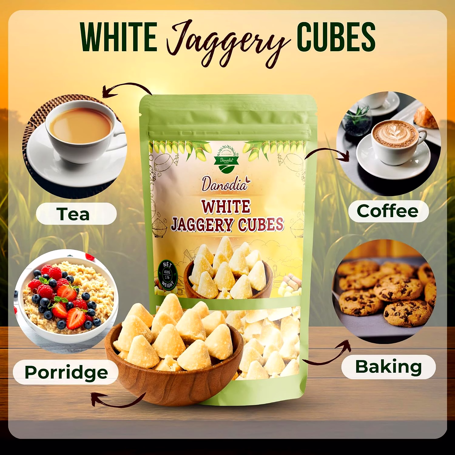Danodia Foods White Jaggery Cubes/Blocks (450g/1lbs) | Natural Sugarcane Sweetener, Ideal For Tea, Milk, Pudding image 2