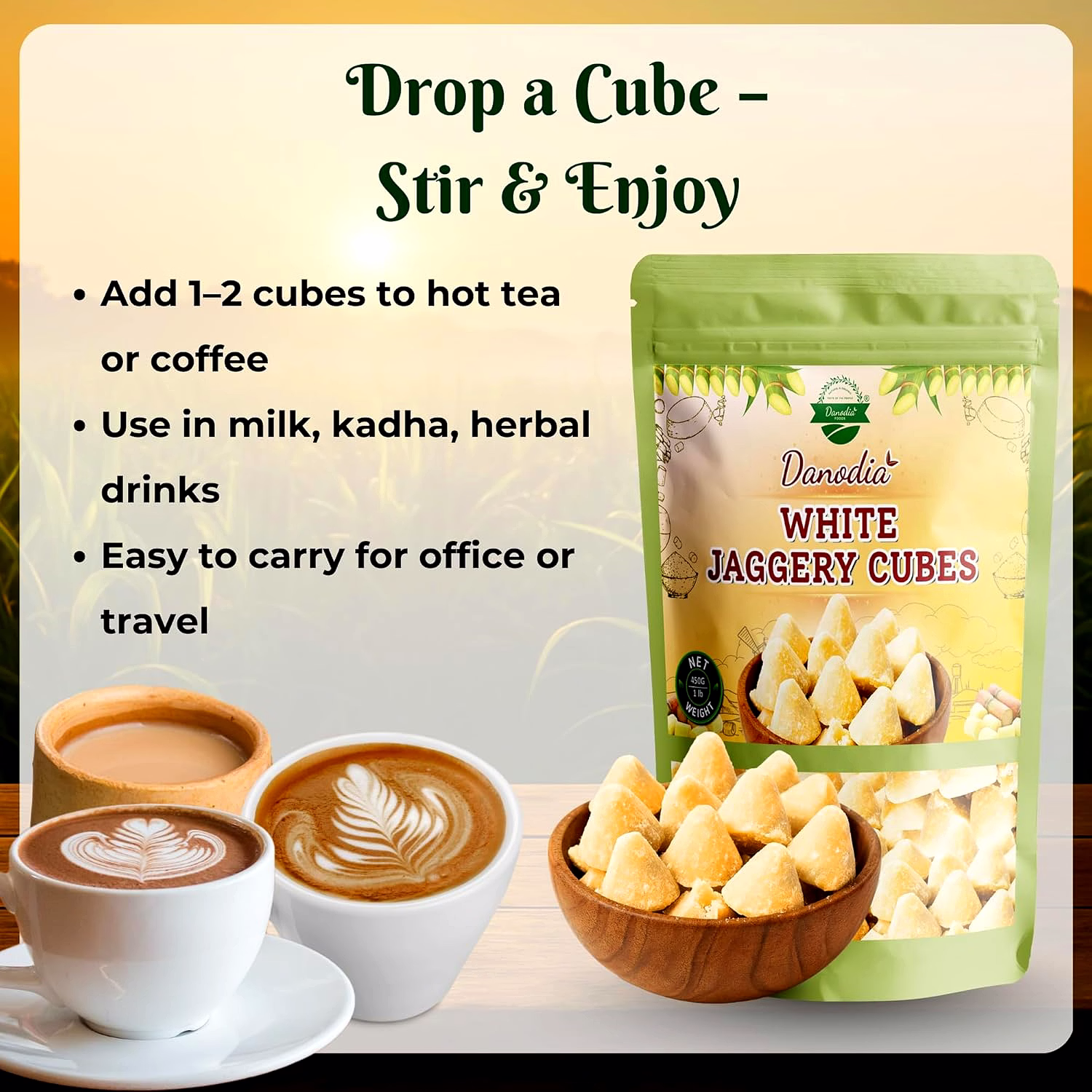 Danodia Foods White Jaggery Cubes/Blocks (450g/1lbs) | Natural Sugarcane Sweetener, Ideal For Tea, Milk, Pudding image 3